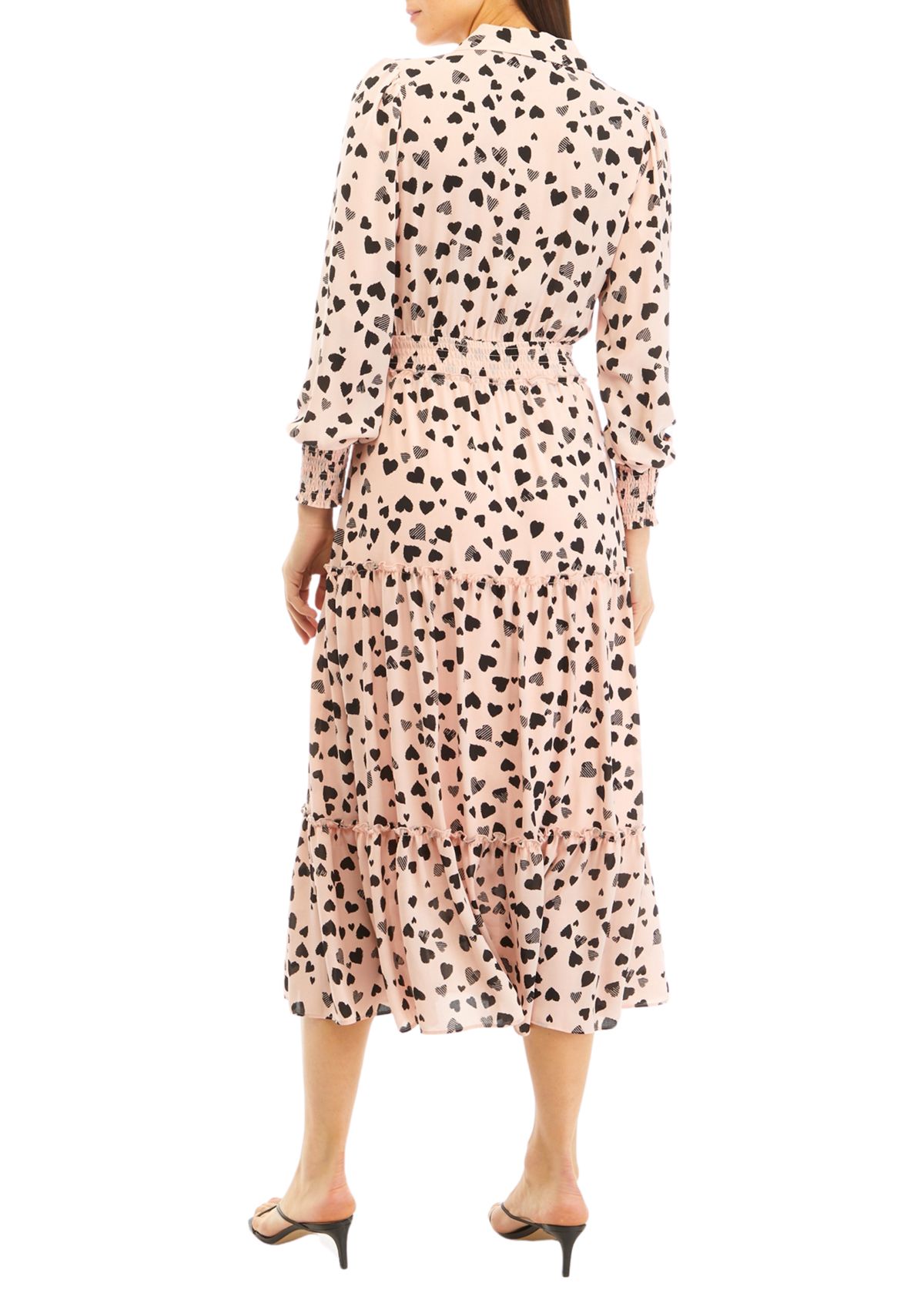 Long Sleeve Heart Print Tiered Midi Dress
