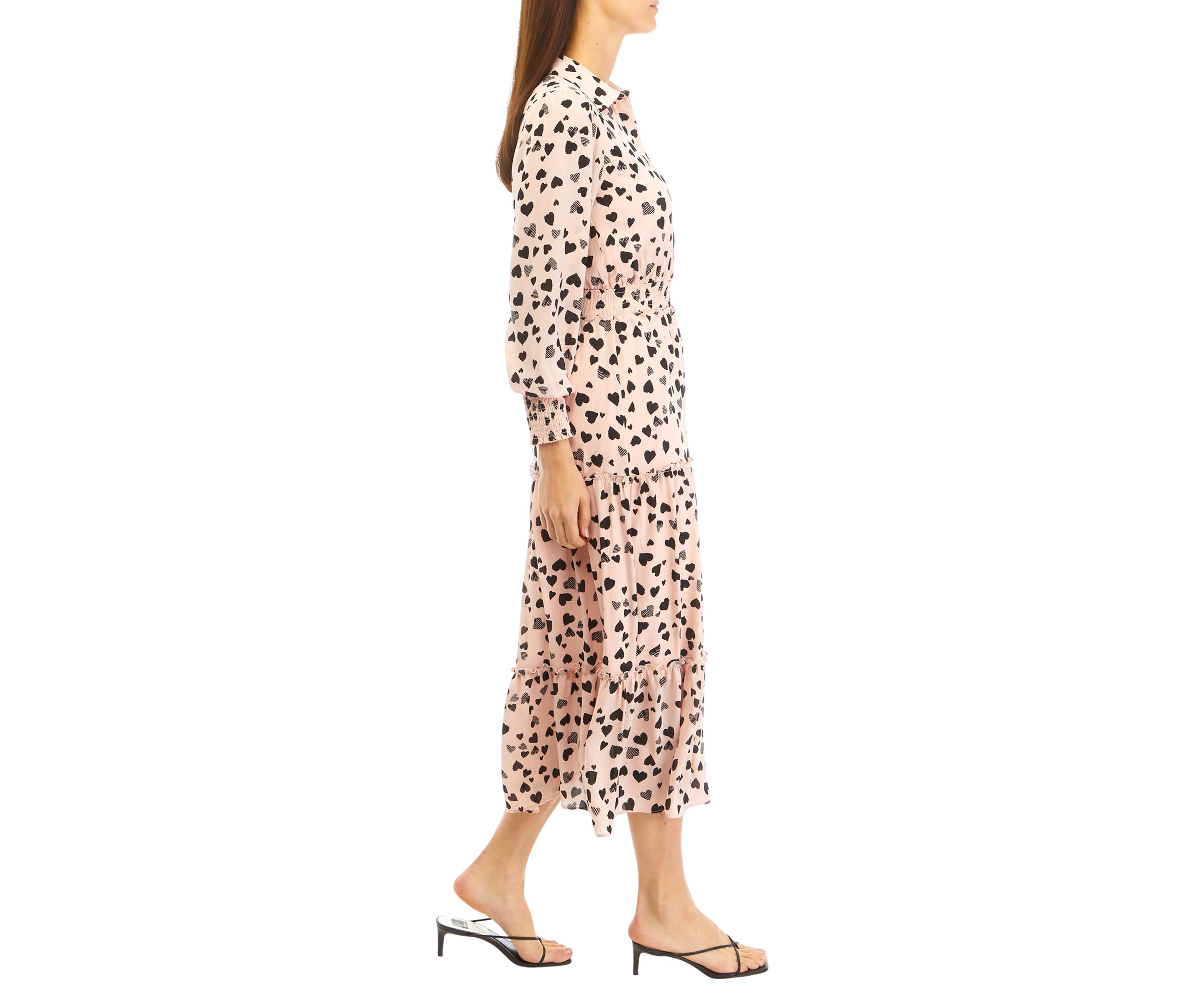 Long Sleeve Heart Print Tiered Midi Dress