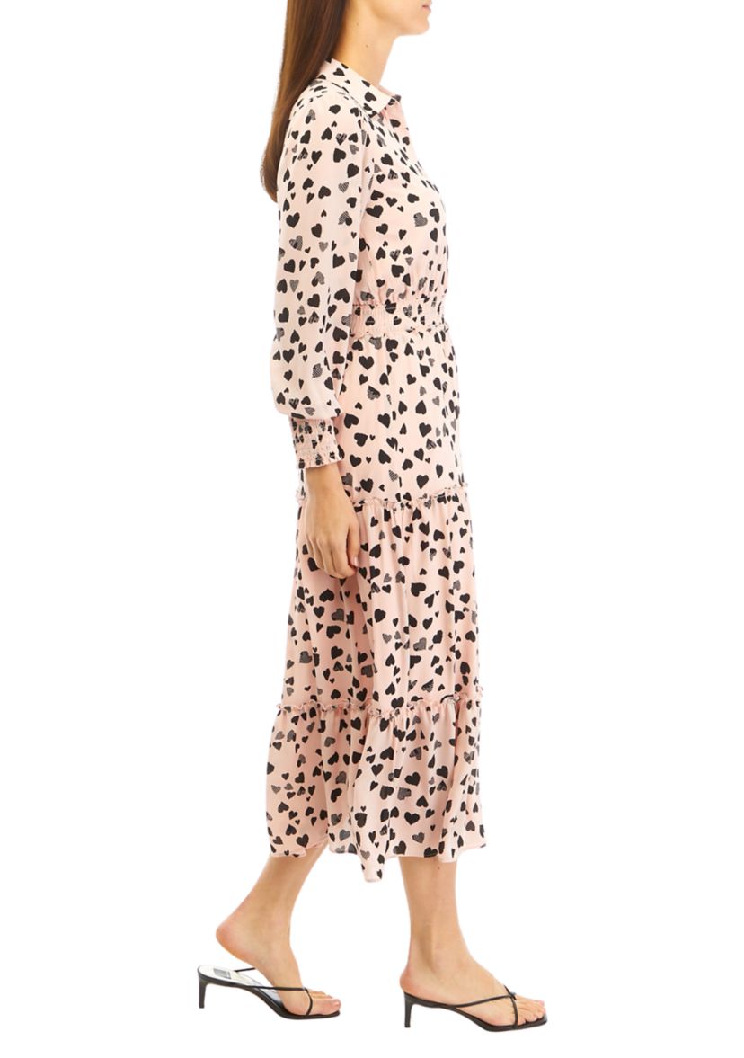 Long Sleeve Heart Print Tiered Midi Dress