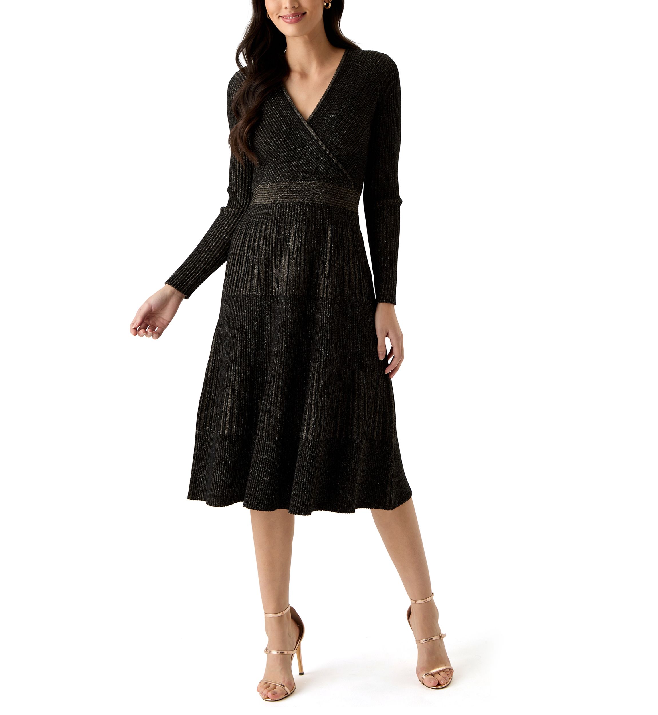 Womens Long Sleeve Ribbed Faux Wrap Dress