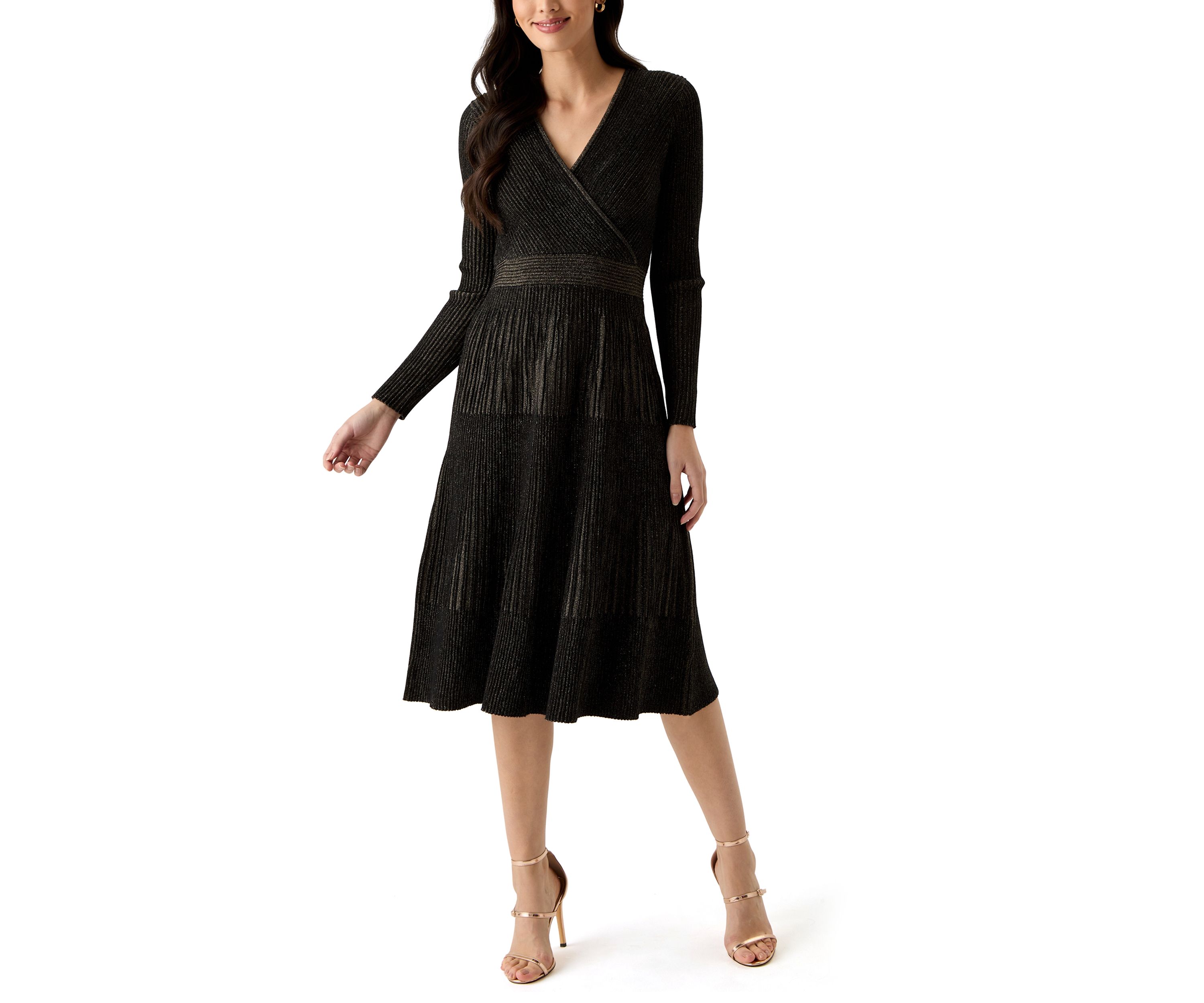Womens Long Sleeve Ribbed Faux Wrap Dress