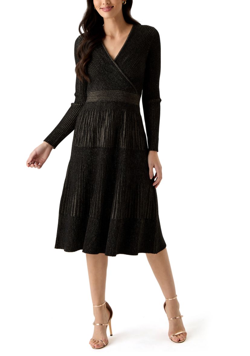 Womens Long Sleeve Ribbed Faux Wrap Dress