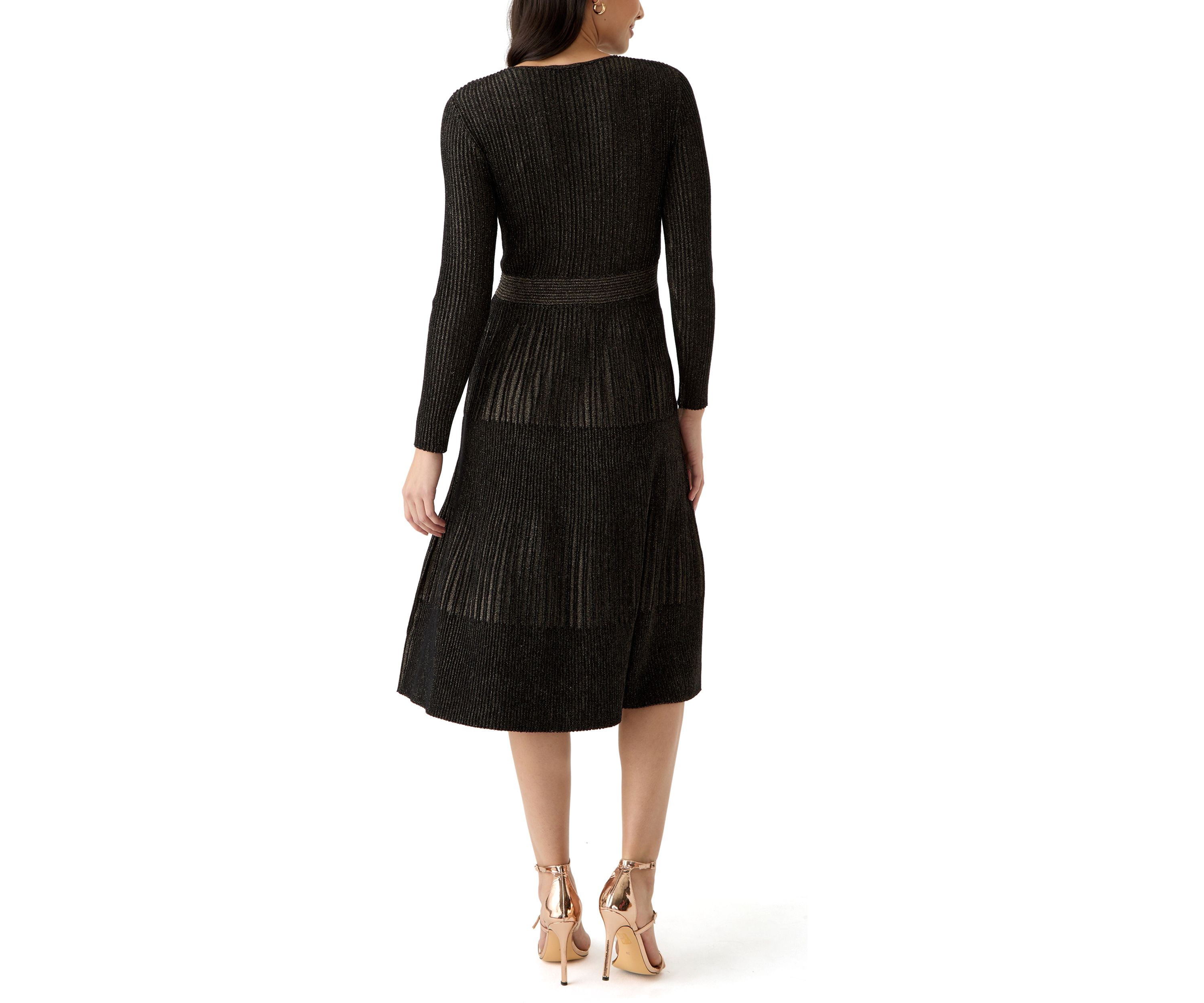 Womens Long Sleeve Ribbed Faux Wrap Dress
