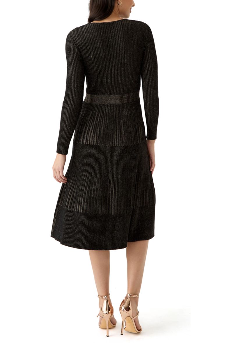 Womens Long Sleeve Ribbed Faux Wrap Dress