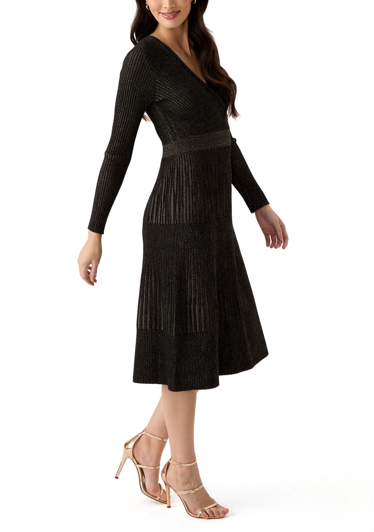 Womens Long Sleeve Ribbed Faux Wrap Dress