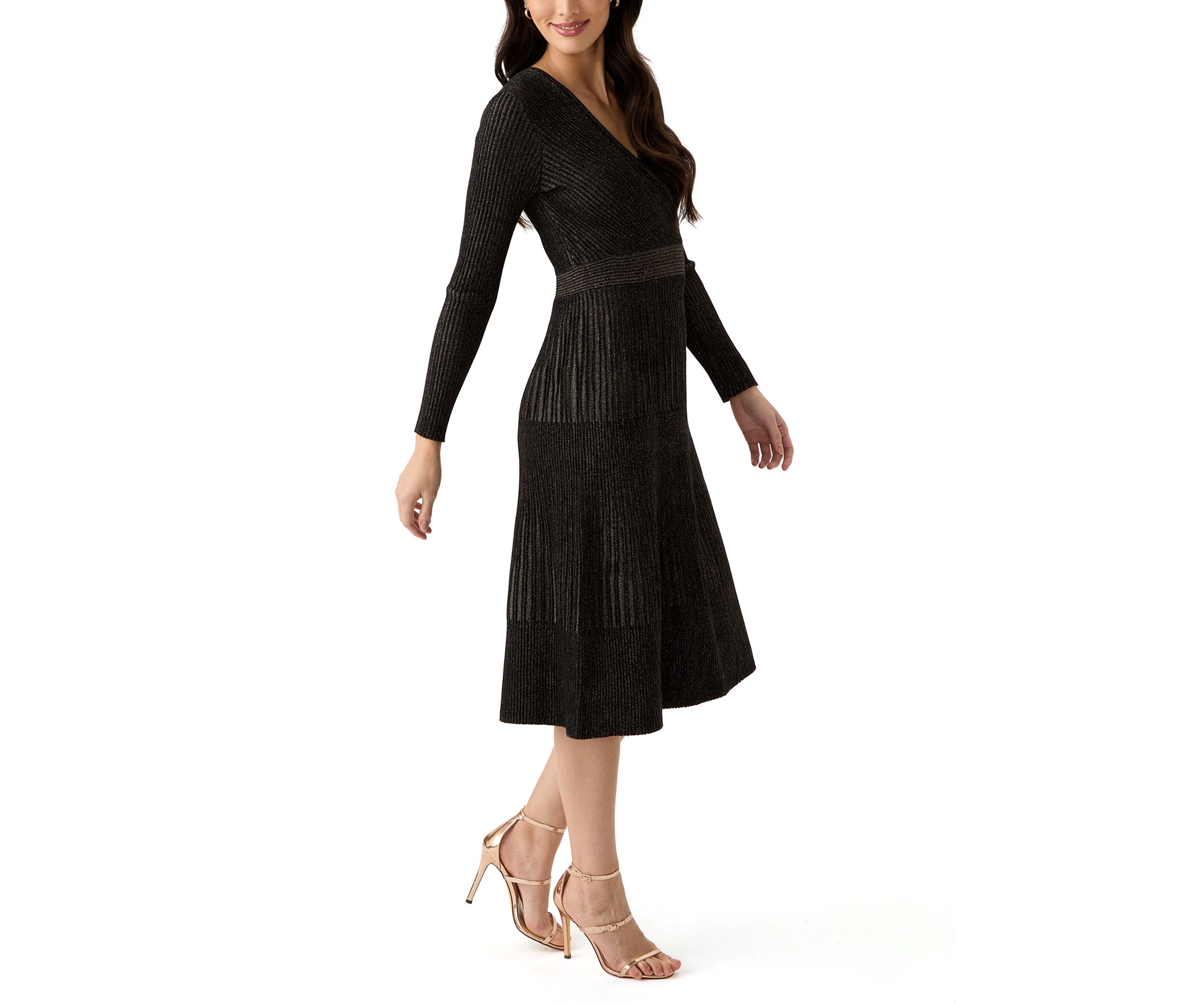 Womens Long Sleeve Ribbed Faux Wrap Dress