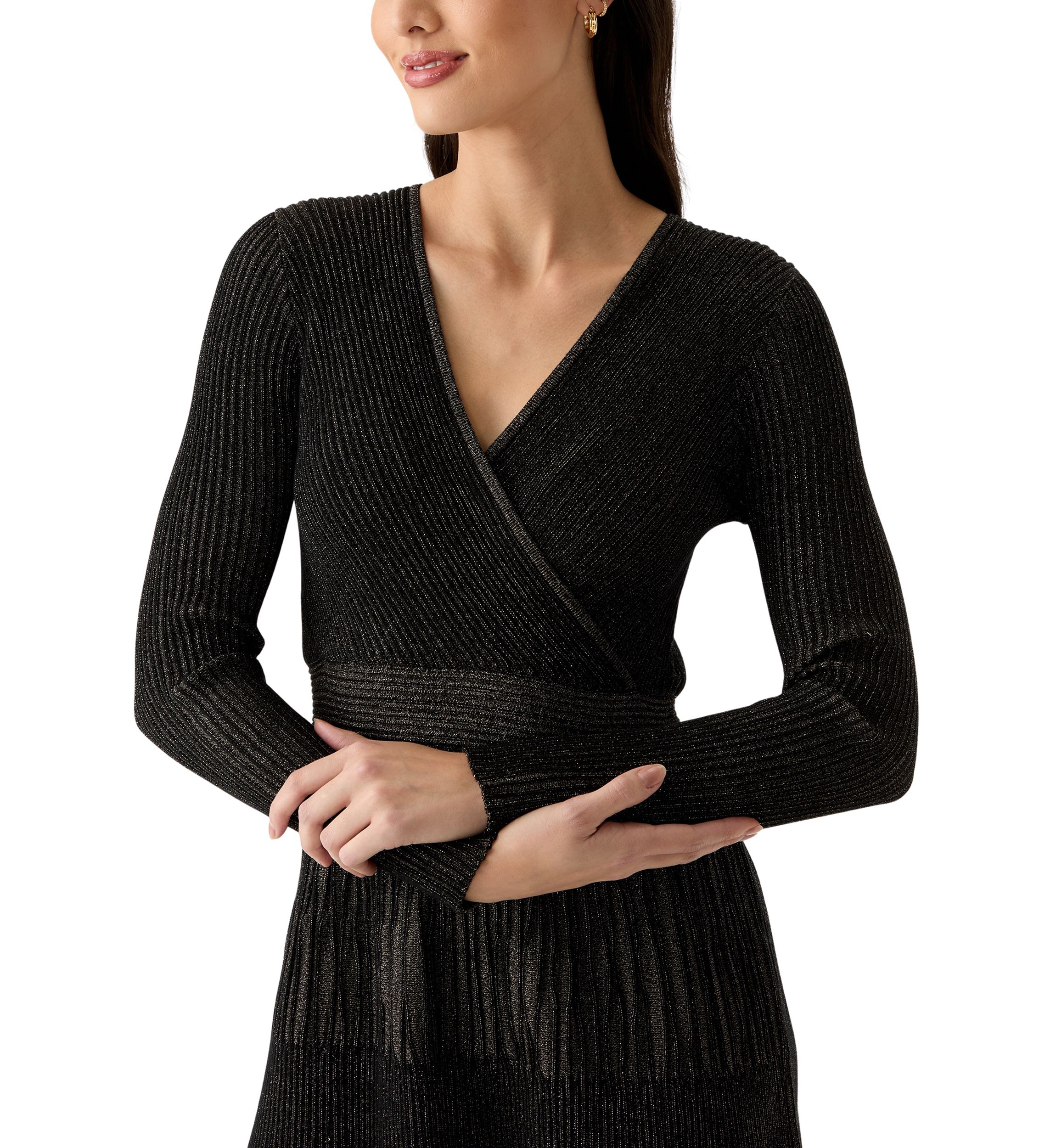 Womens Long Sleeve Ribbed Faux Wrap Dress