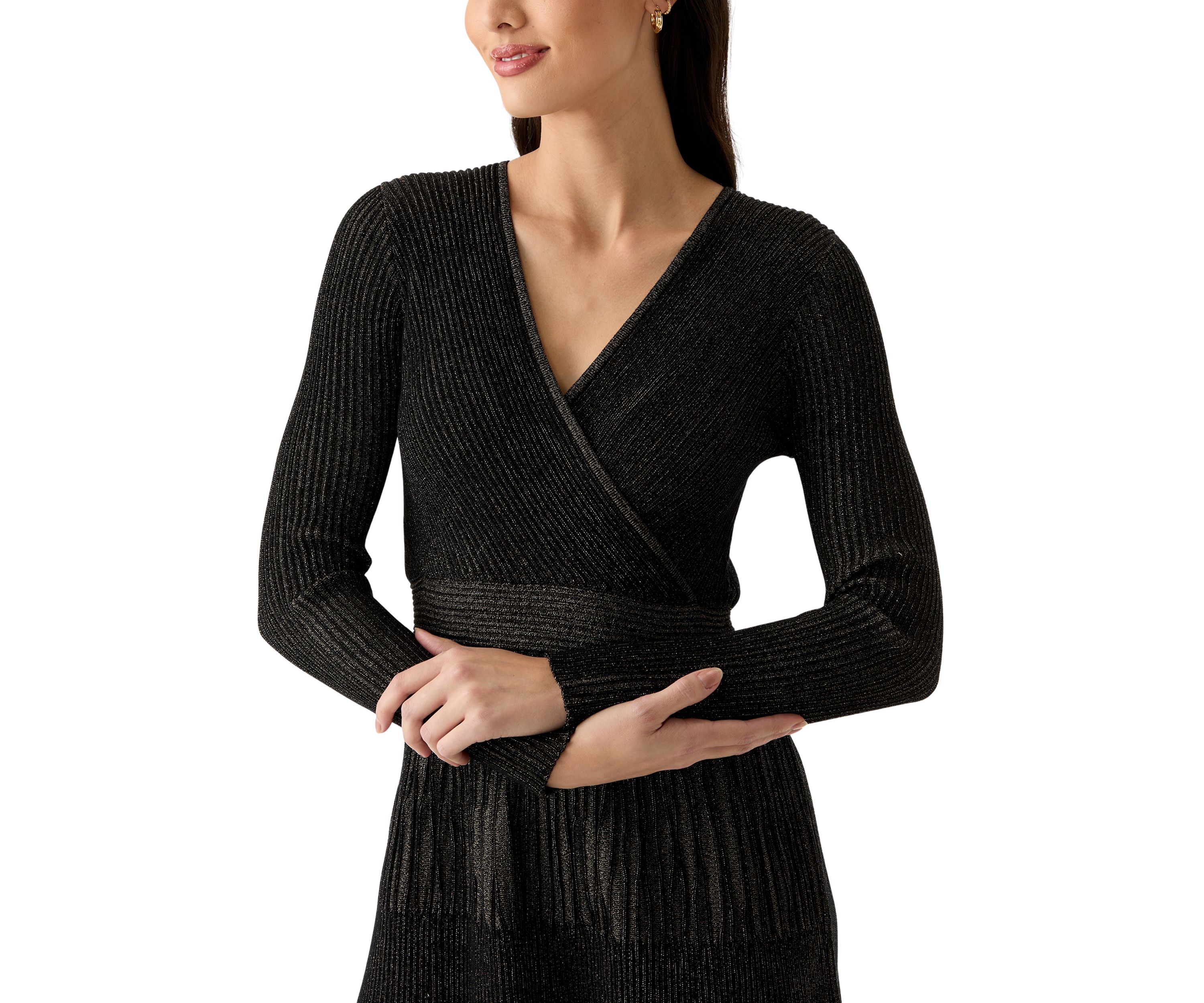 Womens Long Sleeve Ribbed Faux Wrap Dress