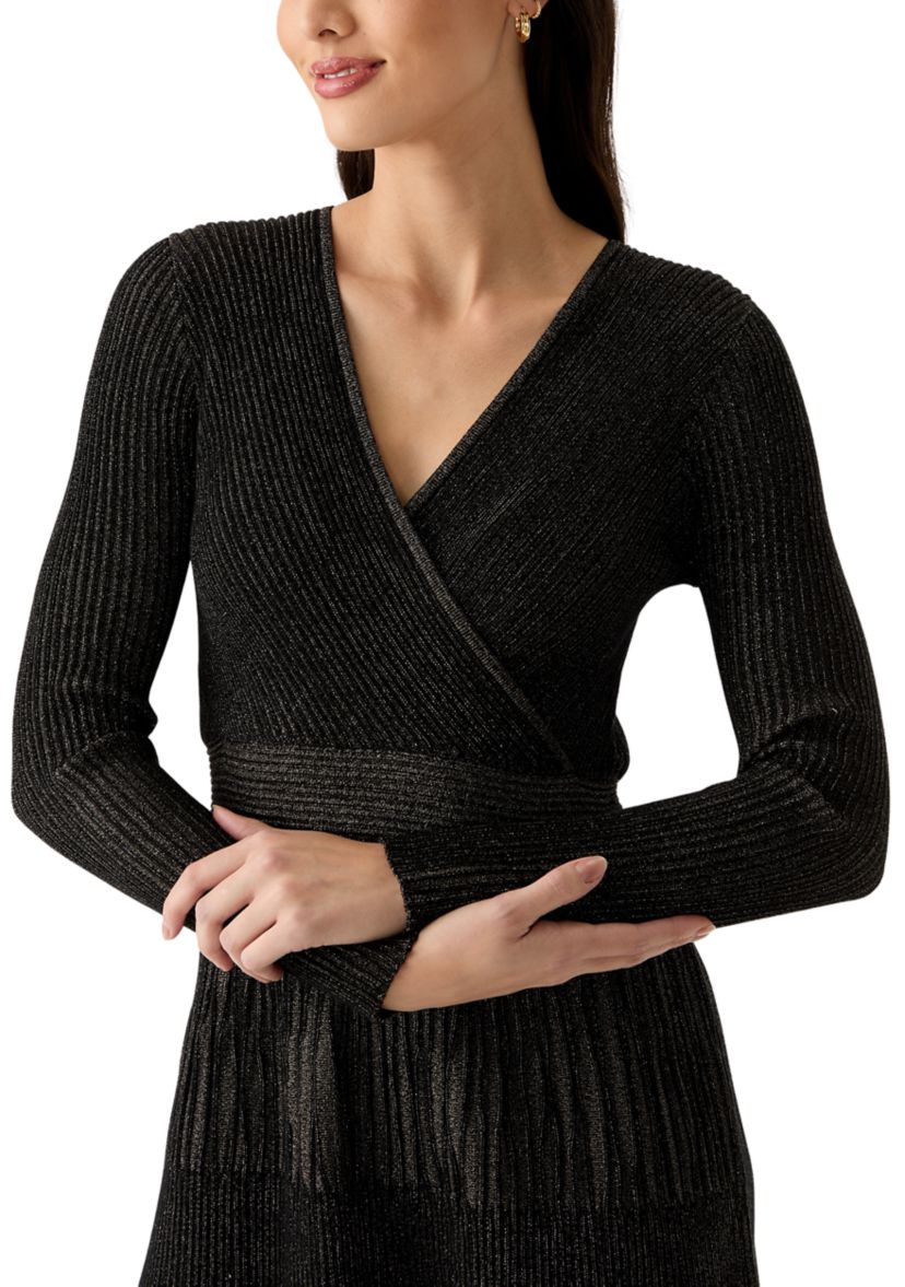 Womens Long Sleeve Ribbed Faux Wrap Dress