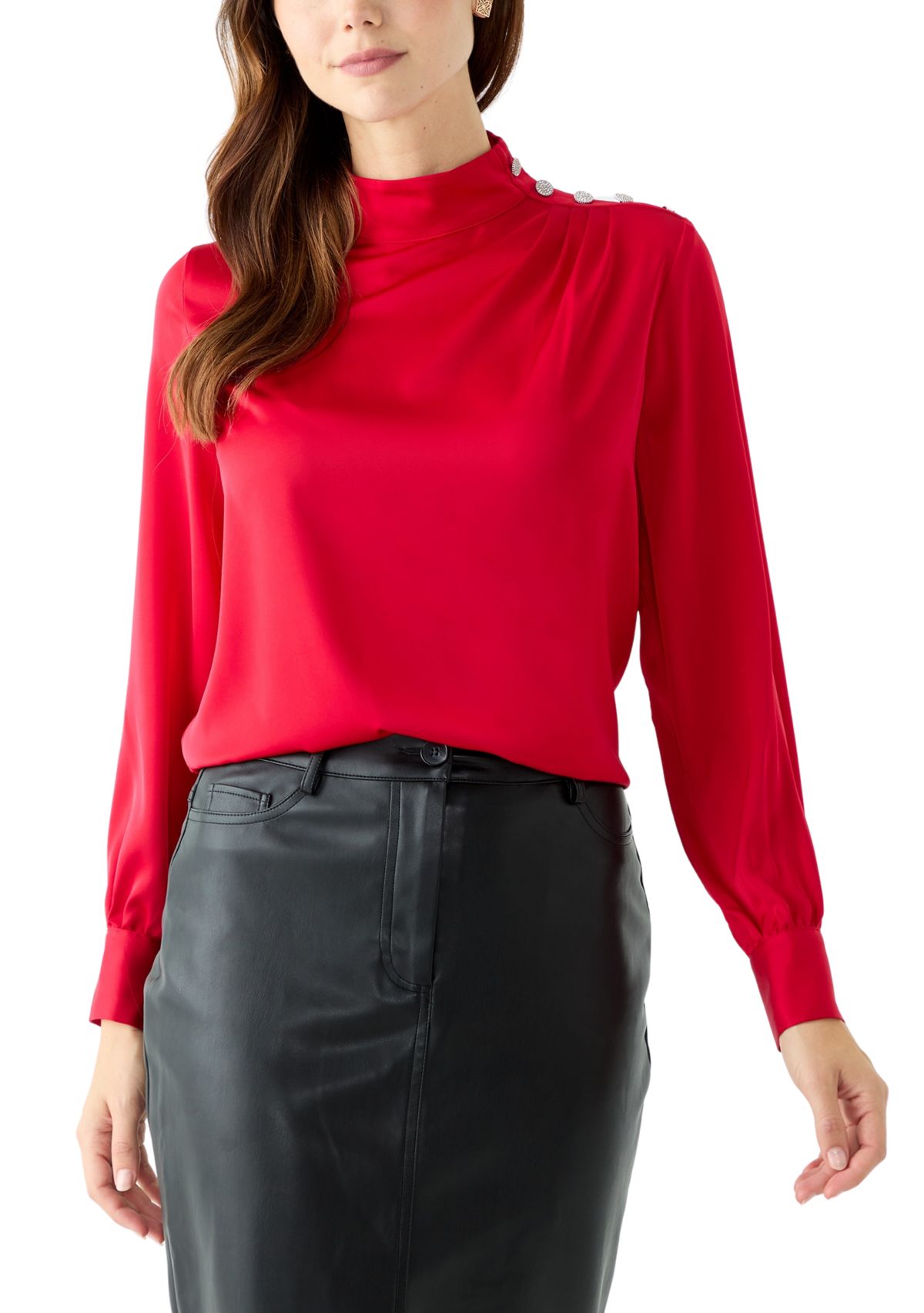 Womens Long Blouson Sleeve Mock Neck Top 
