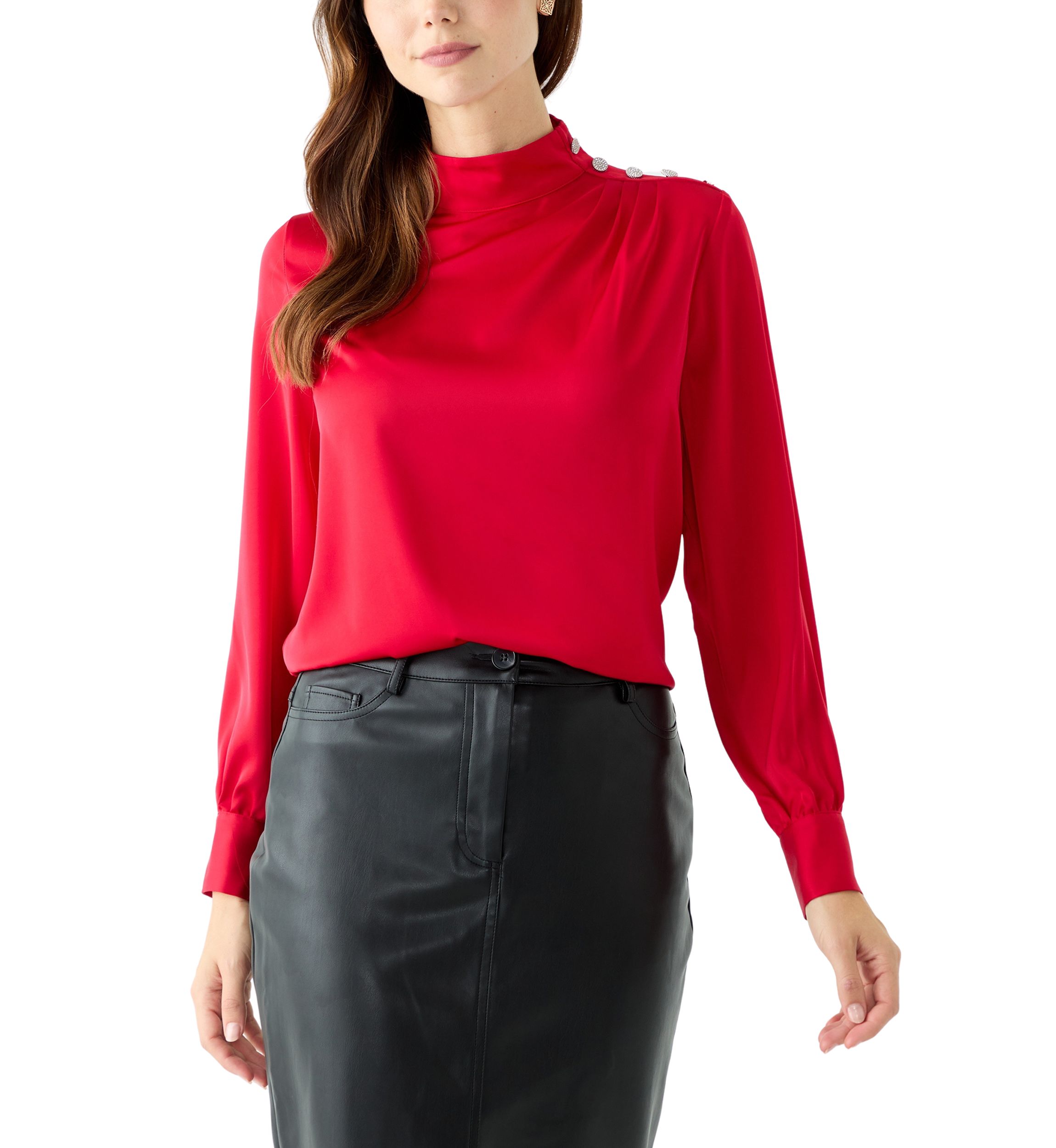Womens Long Blouson Sleeve Mock Neck Top 