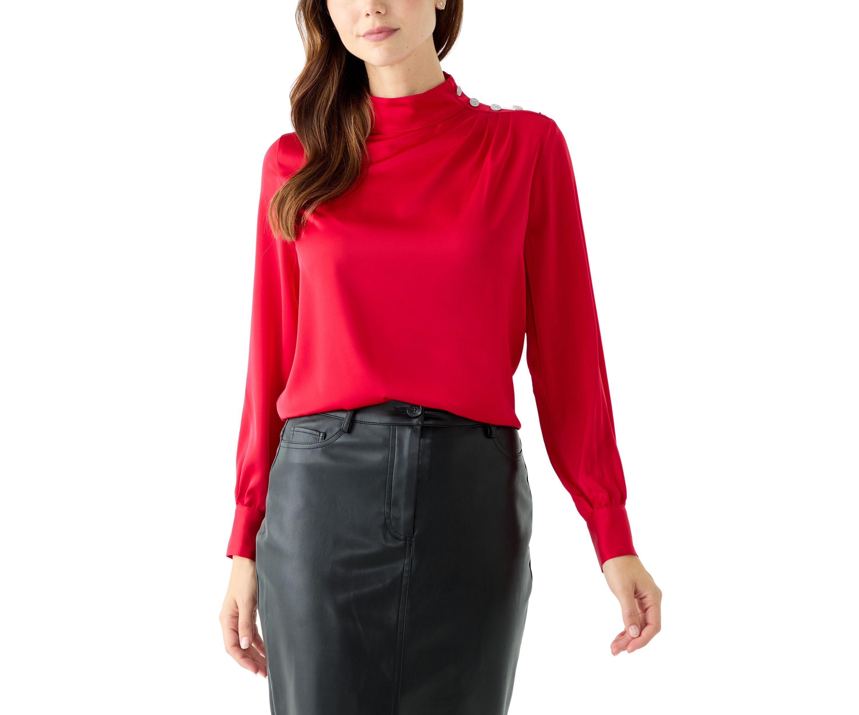 Womens Long Blouson Sleeve Mock Neck Top 