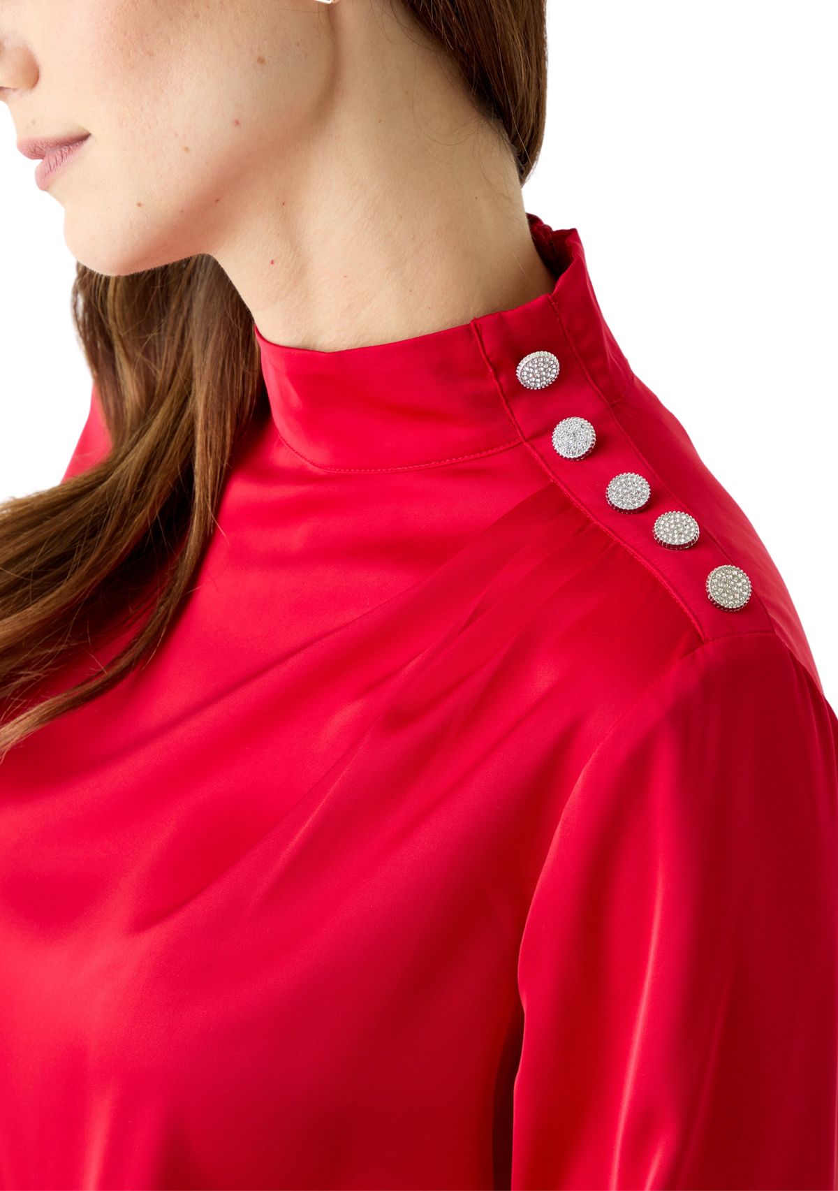 Womens Long Blouson Sleeve Mock Neck Top 