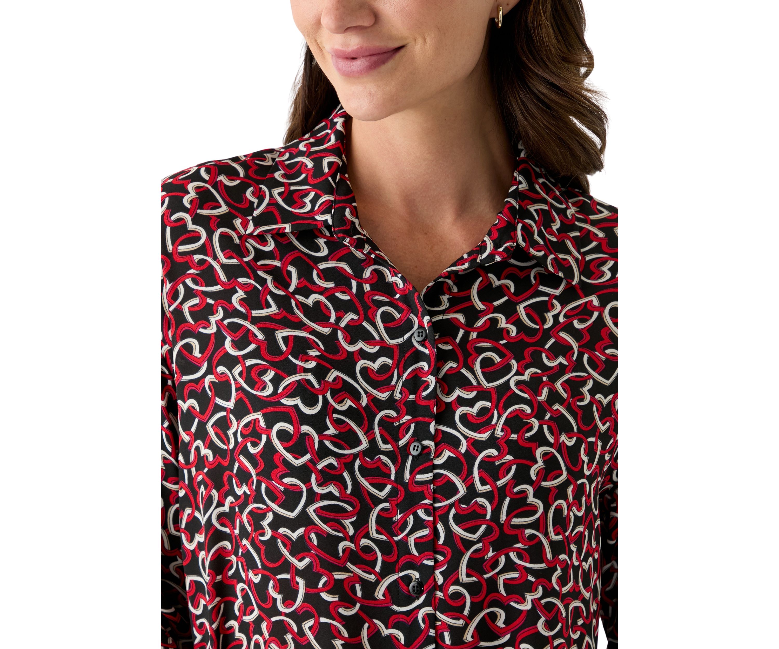 Womens Long Sleeve Printed Button Down Blouse