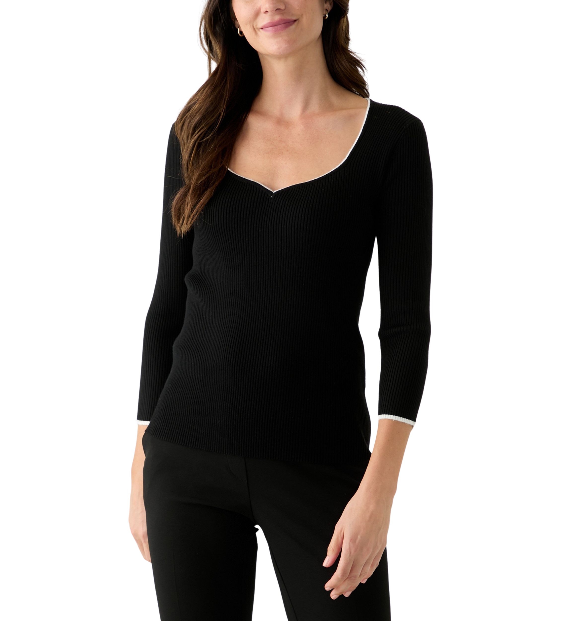 Womens 3/4 Sleeve Sweetheart Neck Ribbed Sweater