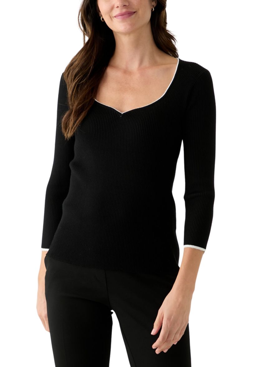 Womens 3/4 Sleeve Sweetheart Neck Ribbed Sweater