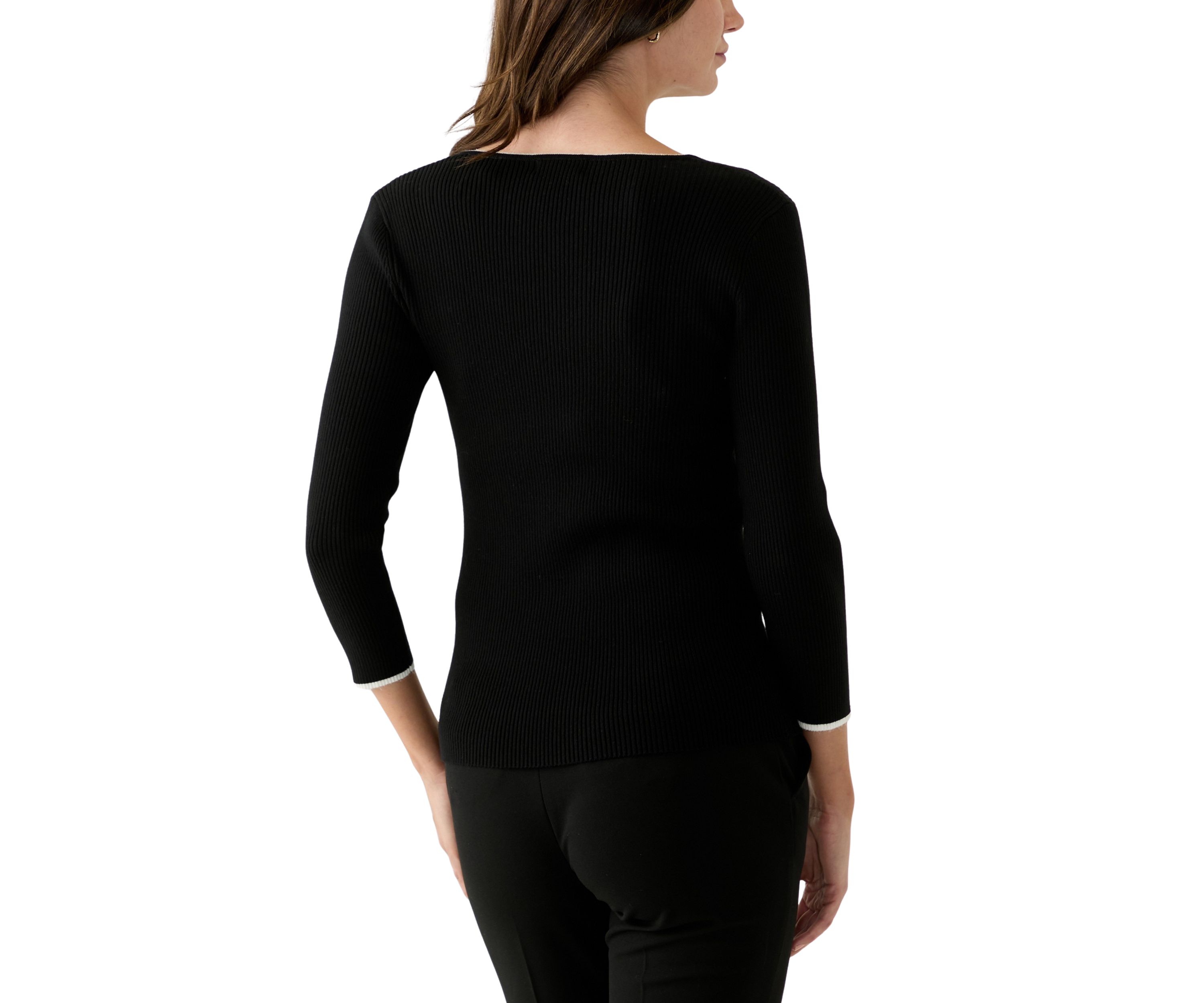 Womens 3/4 Sleeve Sweetheart Neck Ribbed Sweater
