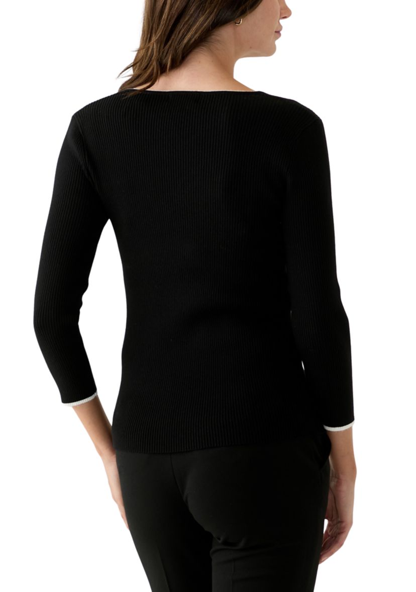 Womens 3/4 Sleeve Sweetheart Neck Ribbed Sweater