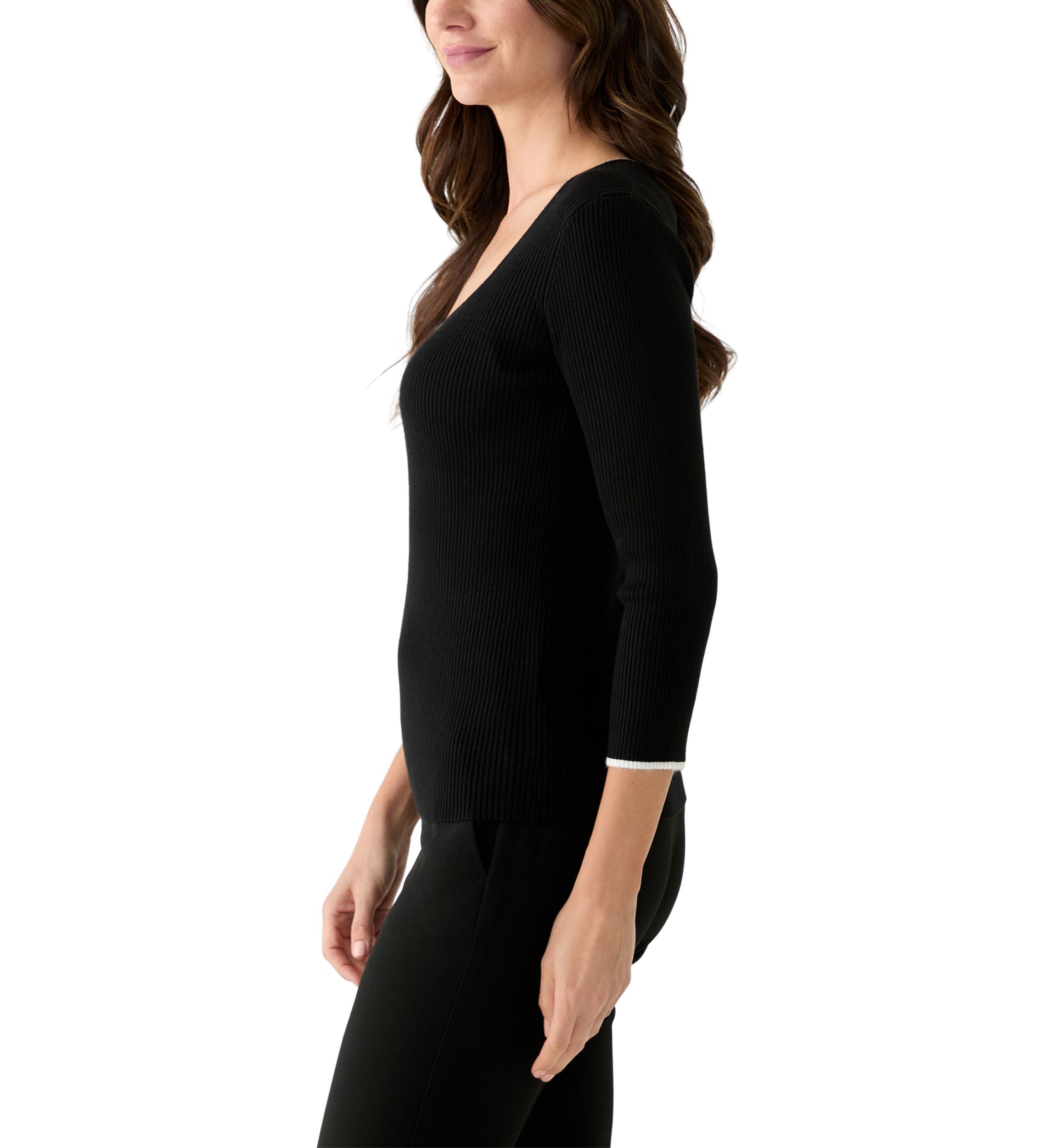 Womens 3/4 Sleeve Sweetheart Neck Ribbed Sweater