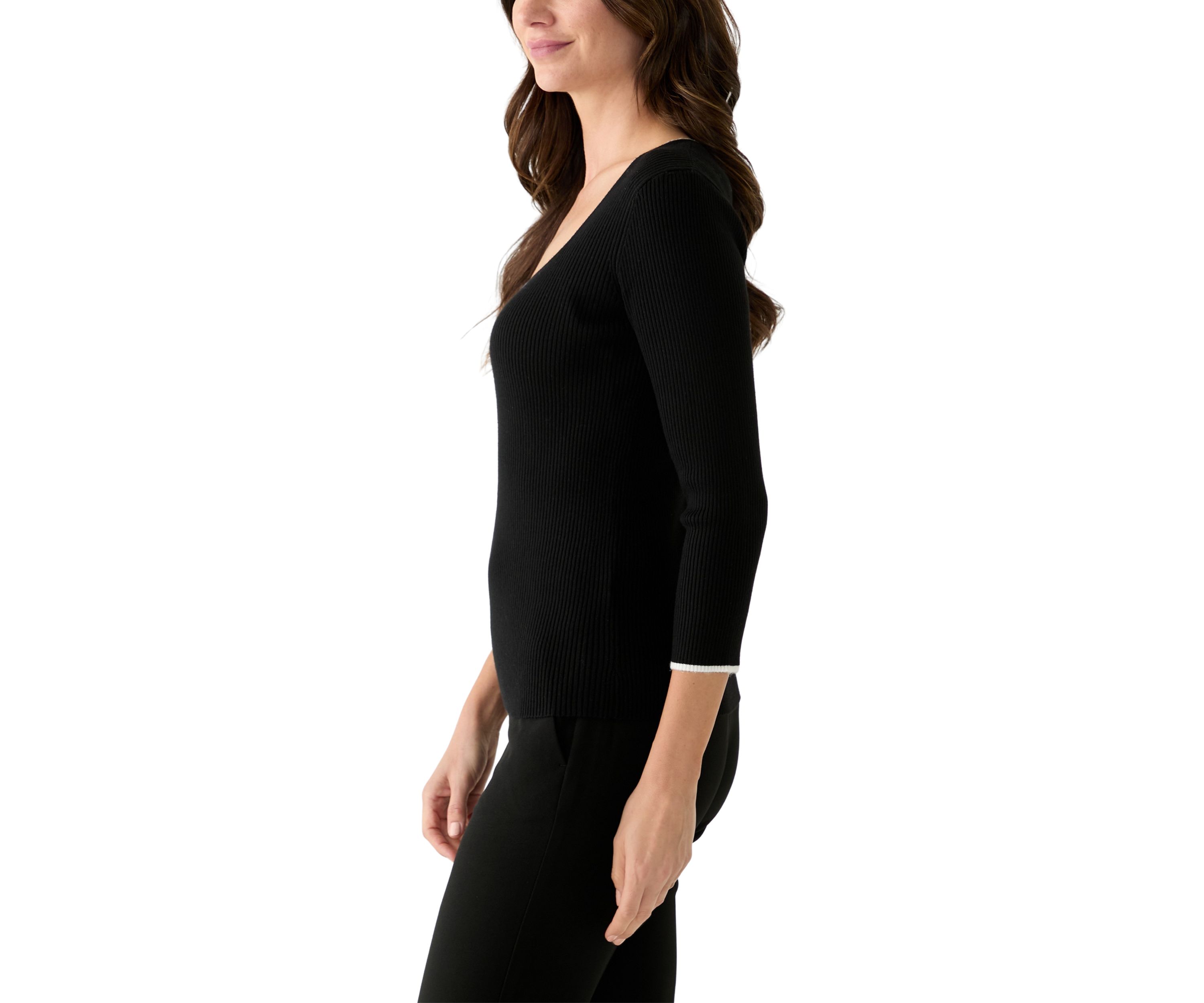 Womens 3/4 Sleeve Sweetheart Neck Ribbed Sweater