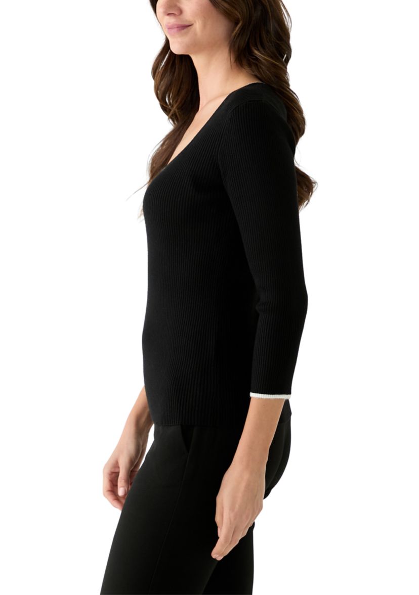 Womens 3/4 Sleeve Sweetheart Neck Ribbed Sweater