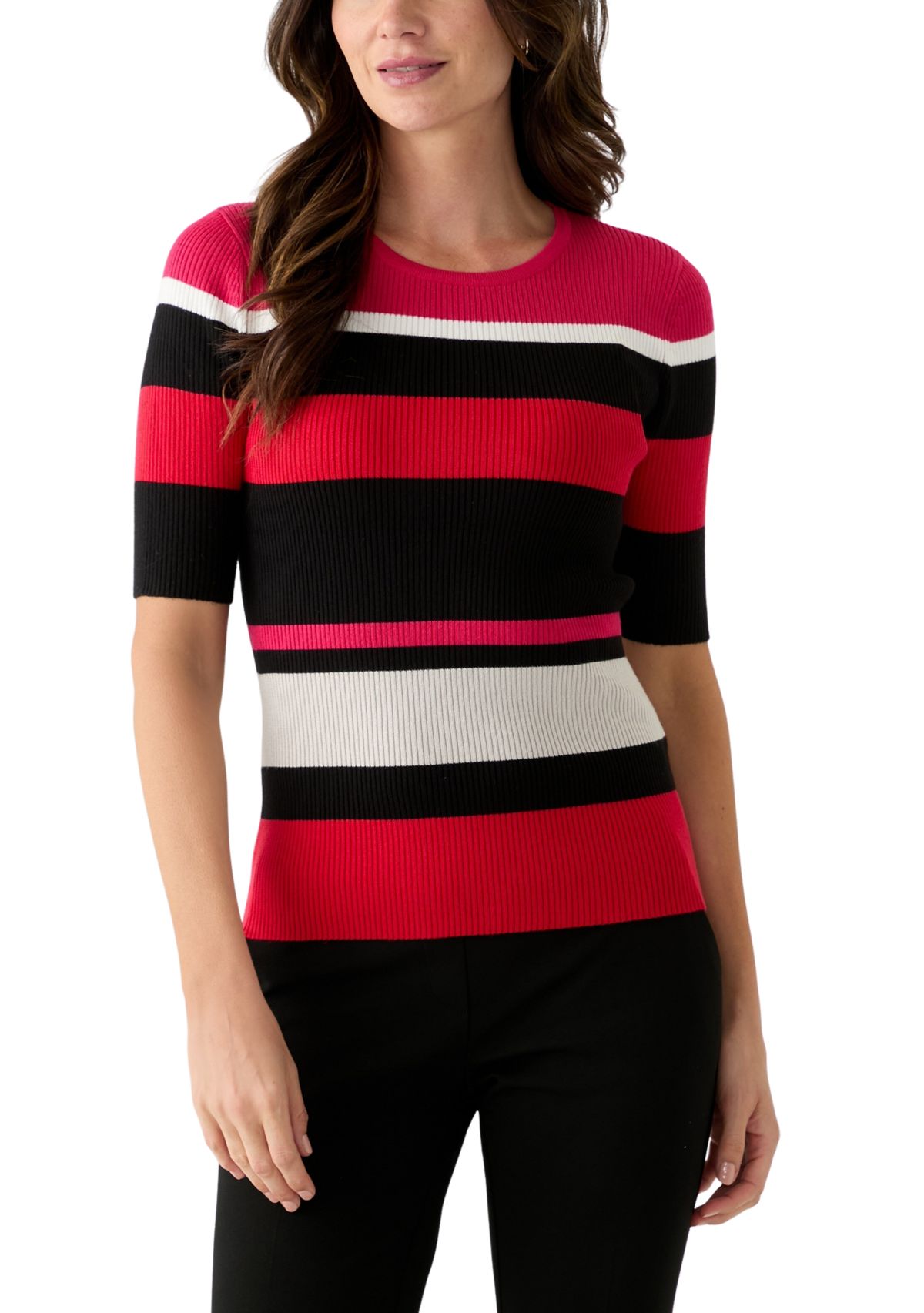 Womens Elbow Sleeve Crew Neck Ribbed Stripe Sweater