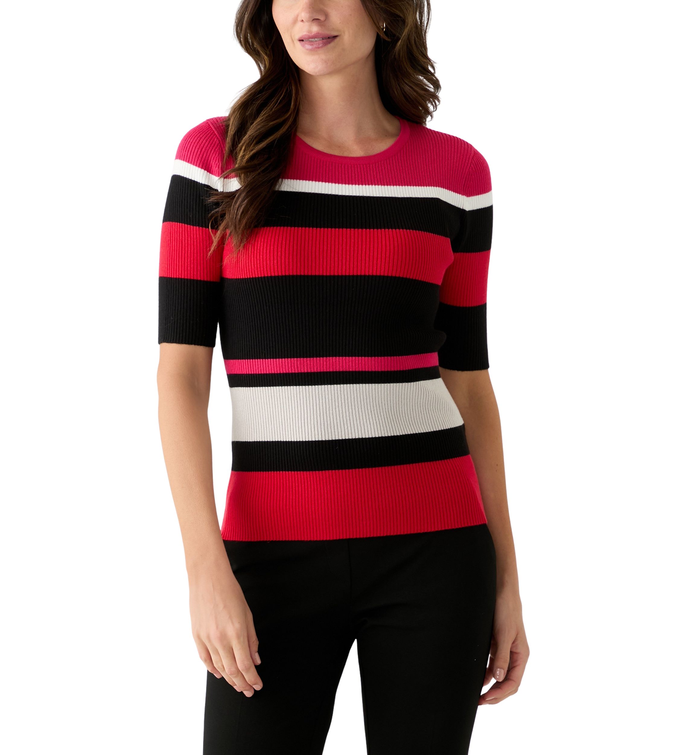 Womens Elbow Sleeve Crew Neck Ribbed Stripe Sweater