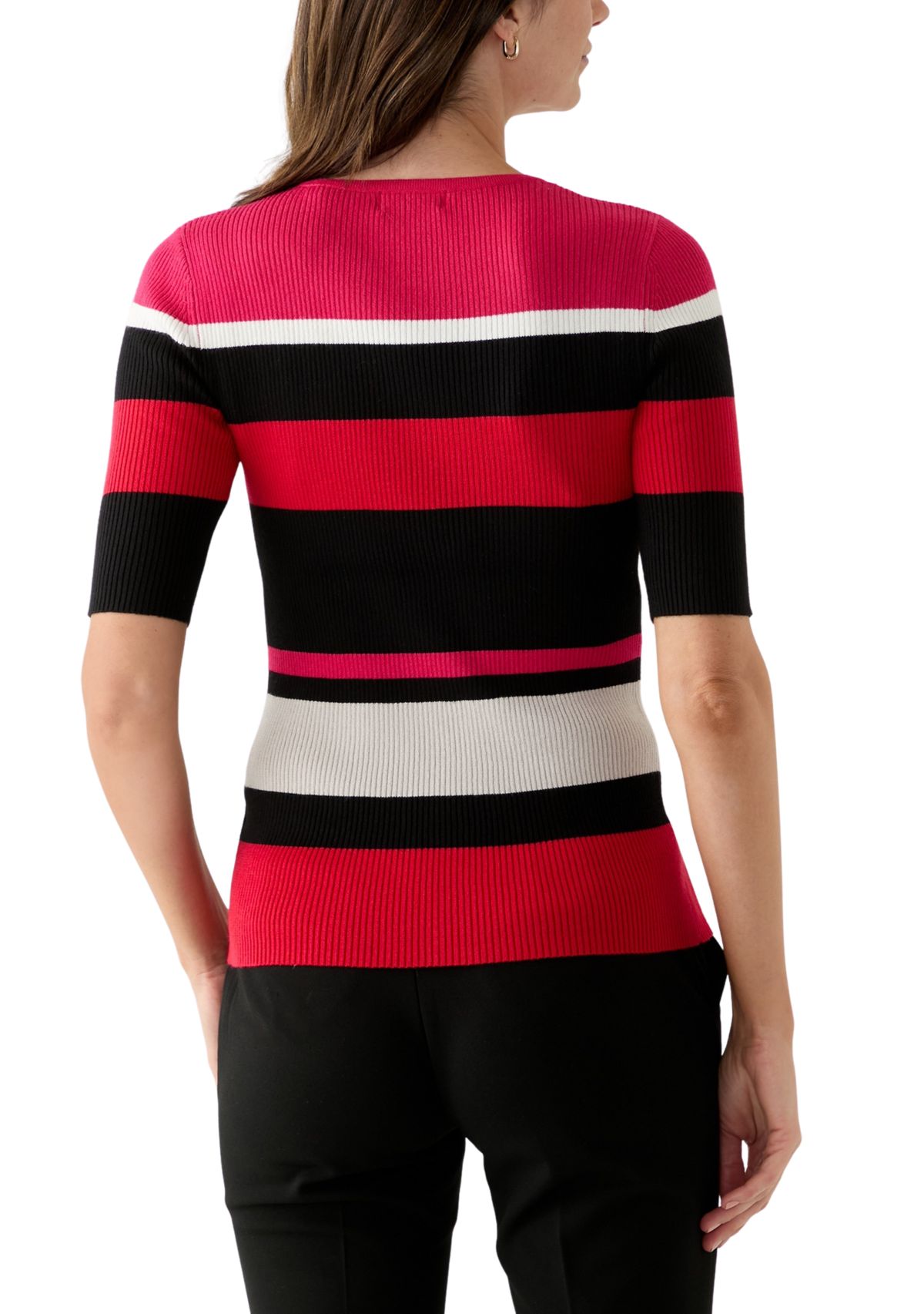 Womens Elbow Sleeve Crew Neck Ribbed Stripe Sweater