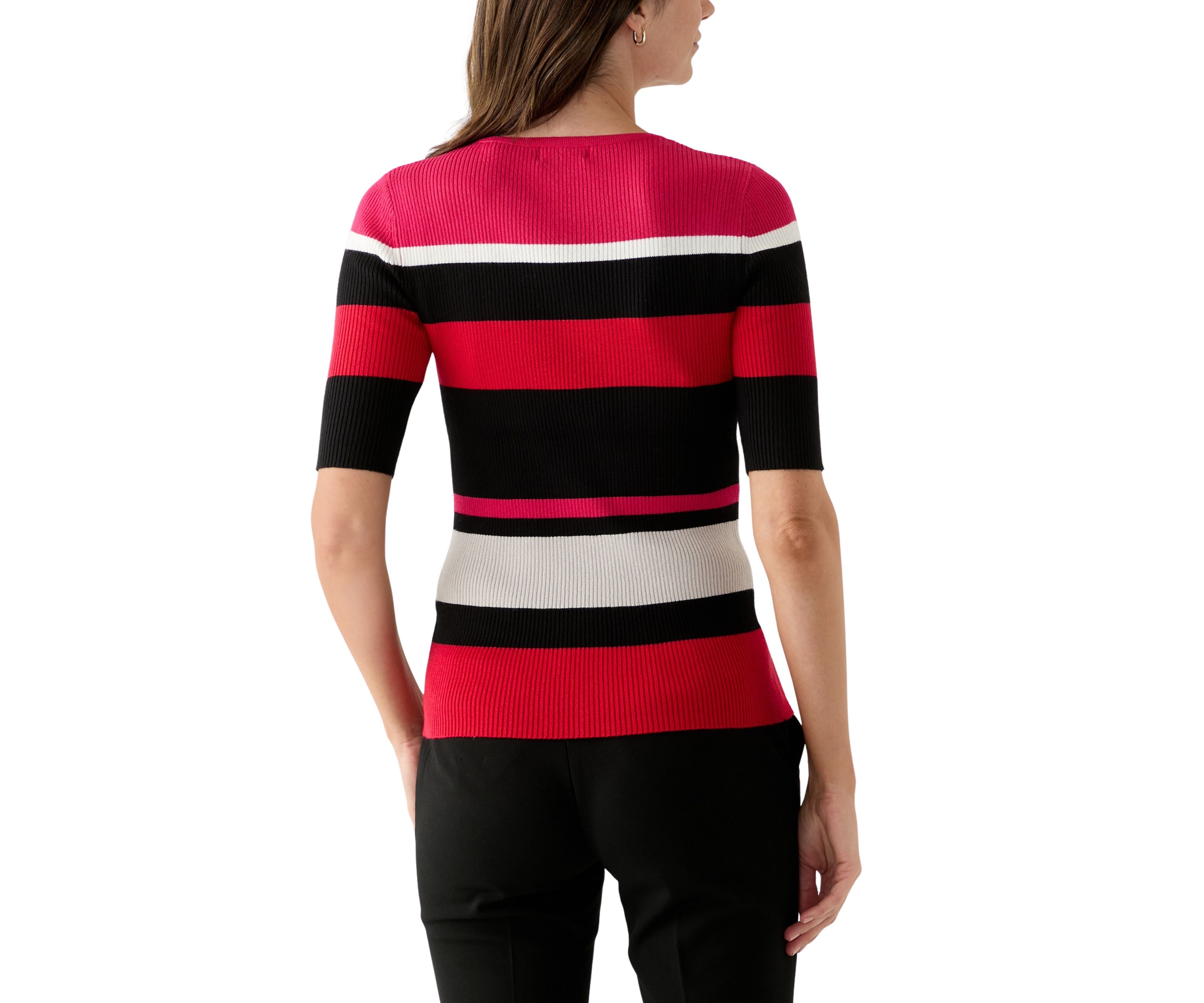Womens Elbow Sleeve Crew Neck Ribbed Stripe Sweater