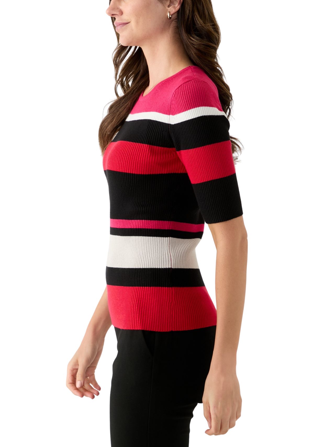 Womens Elbow Sleeve Crew Neck Ribbed Stripe Sweater