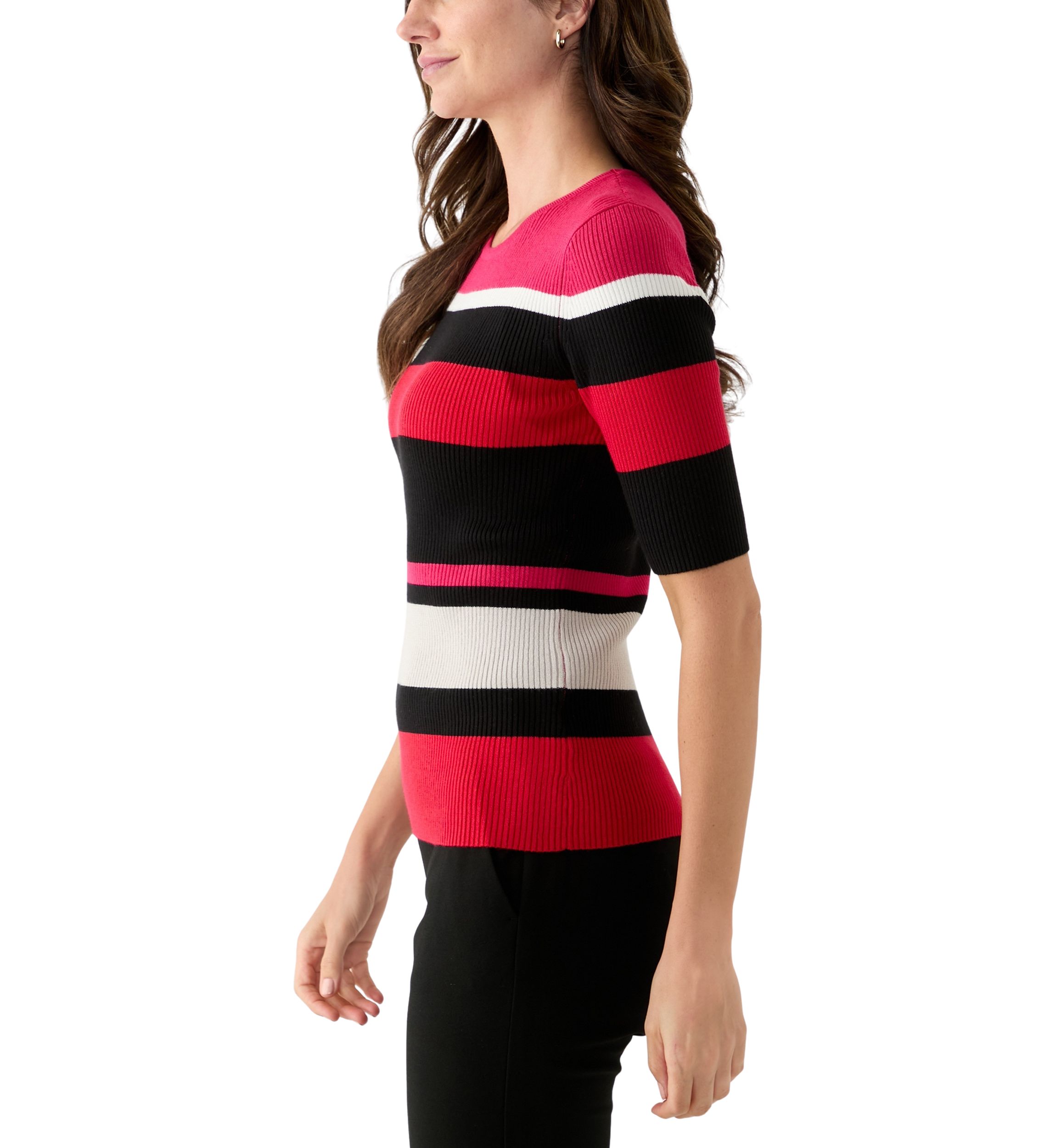 Womens Elbow Sleeve Crew Neck Ribbed Stripe Sweater