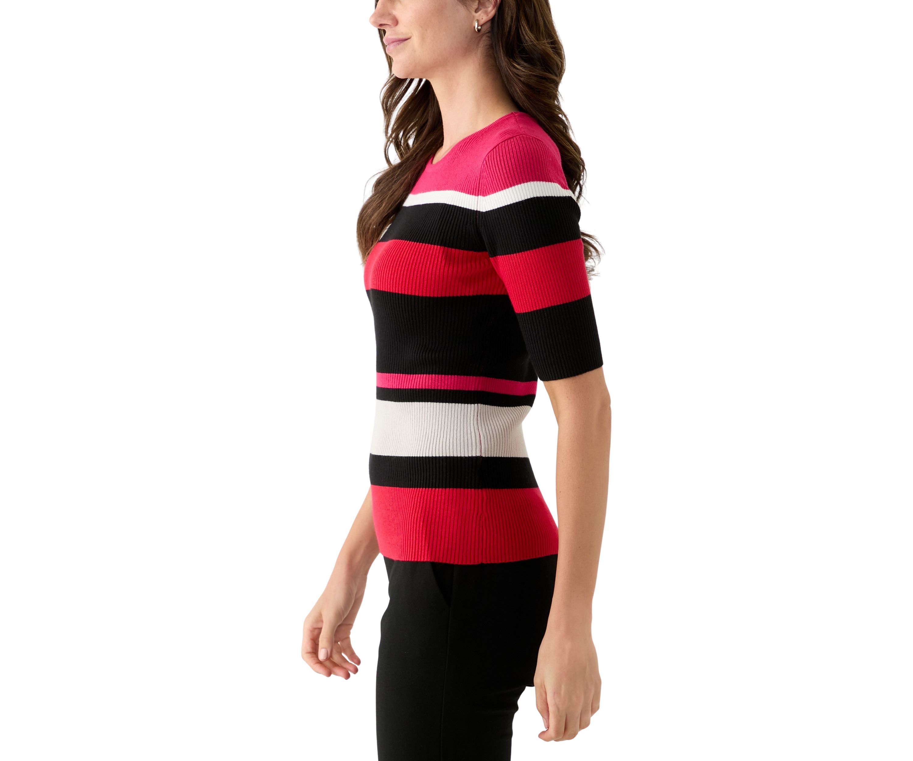 Womens Elbow Sleeve Crew Neck Ribbed Stripe Sweater