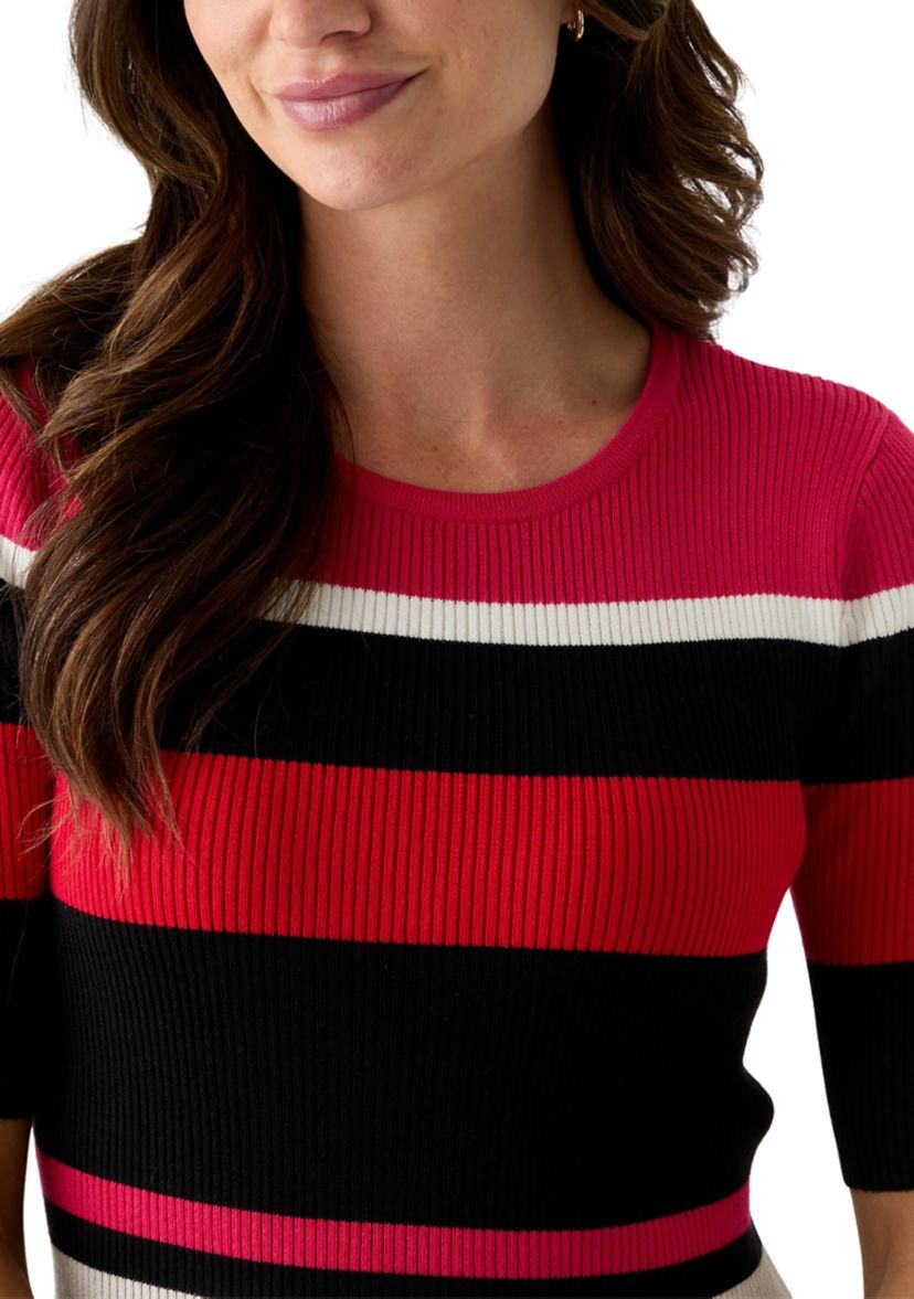 Womens Elbow Sleeve Crew Neck Ribbed Stripe Sweater