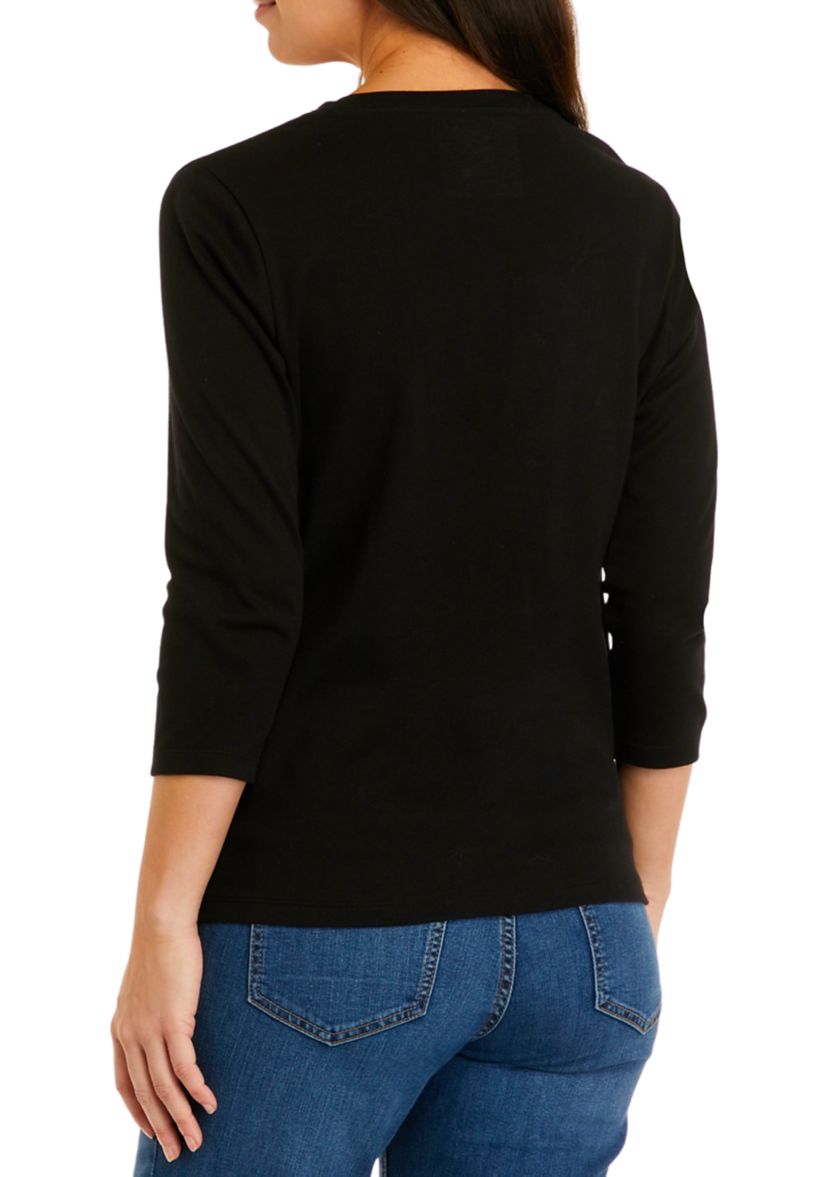 Petite 3/4 Sleeve Crew Neck Solid Top