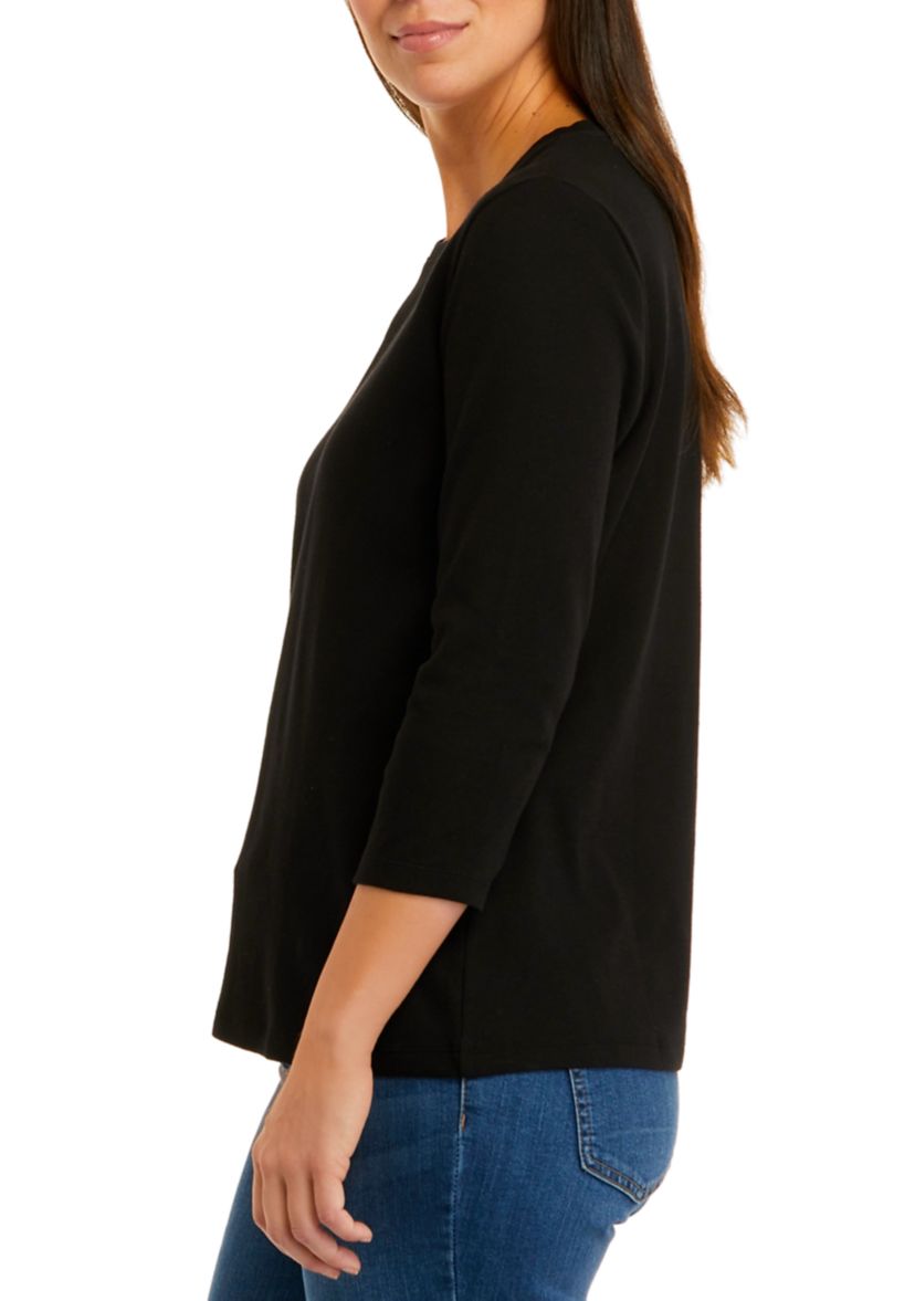 Petite 3/4 Sleeve Crew Neck Solid Top