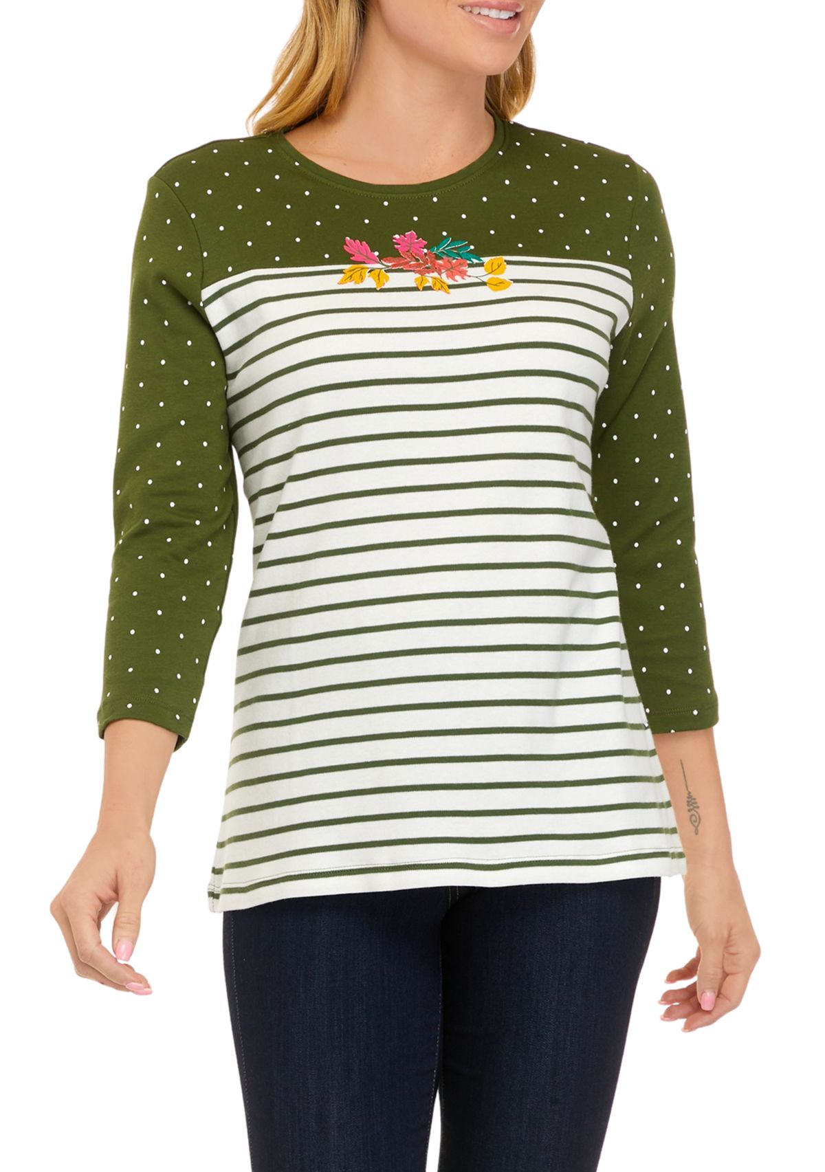 Womens Crew Neck Yoke Graphic Long Sleeve T-Shirt