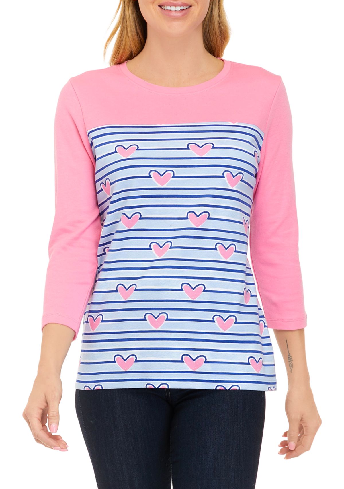 Womens 3/4 Sleeve Crew Neck Yoke Graphic Shirt