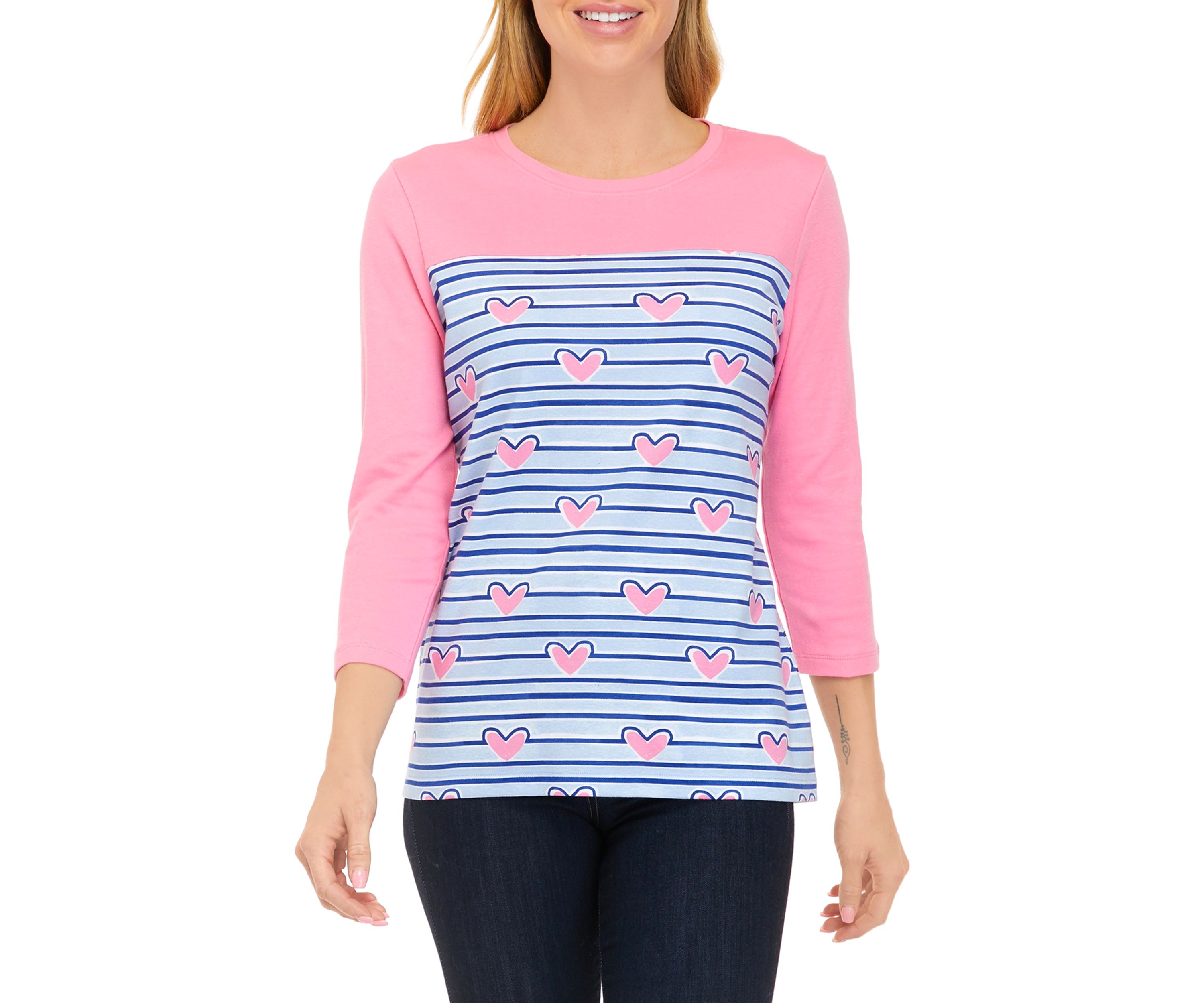 Womens 3/4 Sleeve Crew Neck Yoke Graphic Shirt