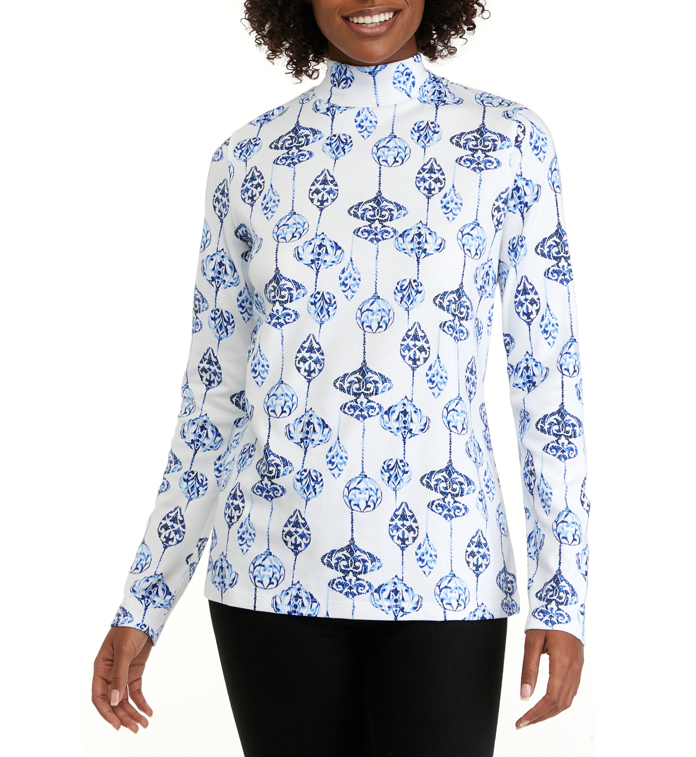 Womens Long Sleeve Mock Neck Allover Print Shirt