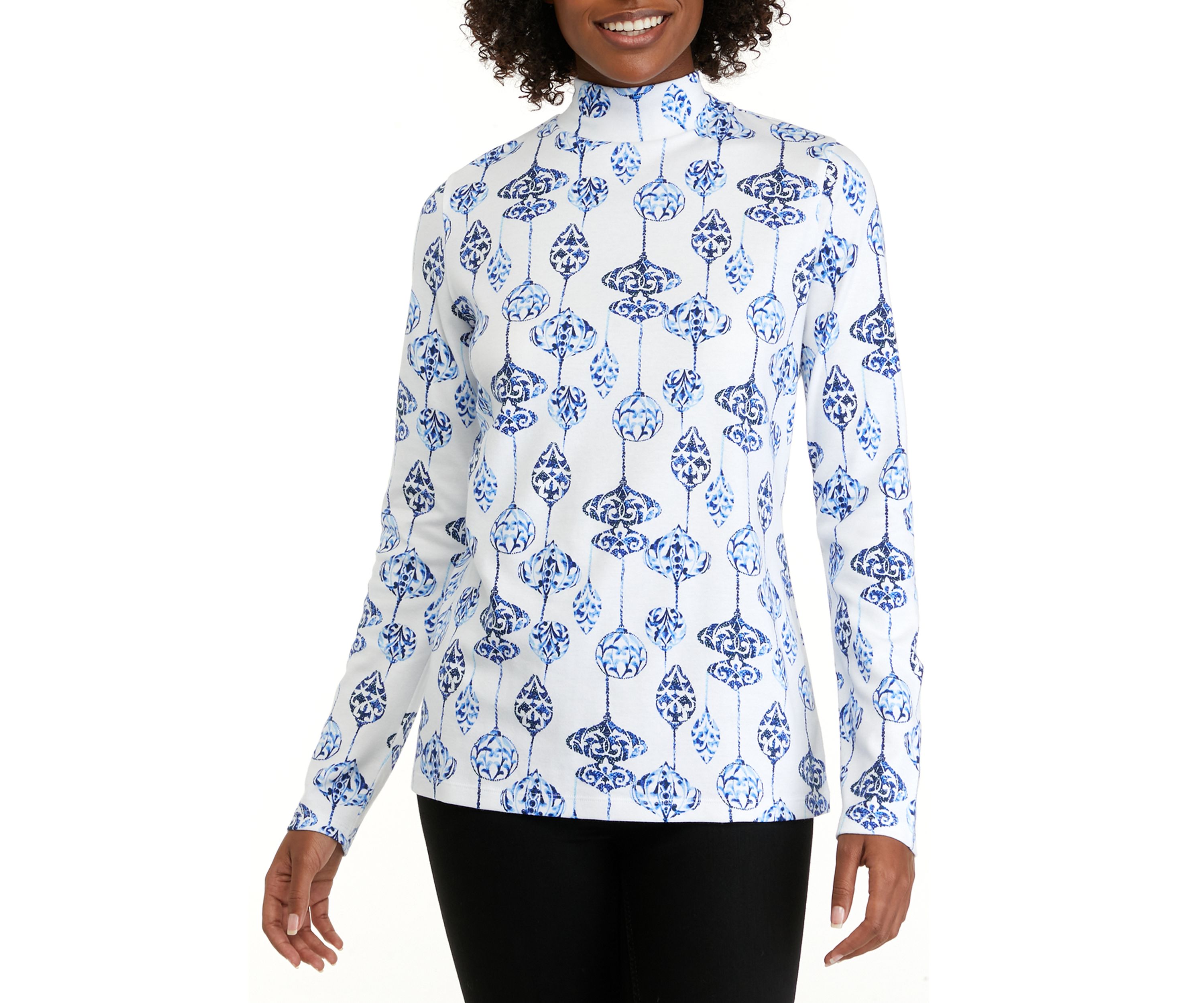 Womens Long Sleeve Mock Neck Allover Print Shirt