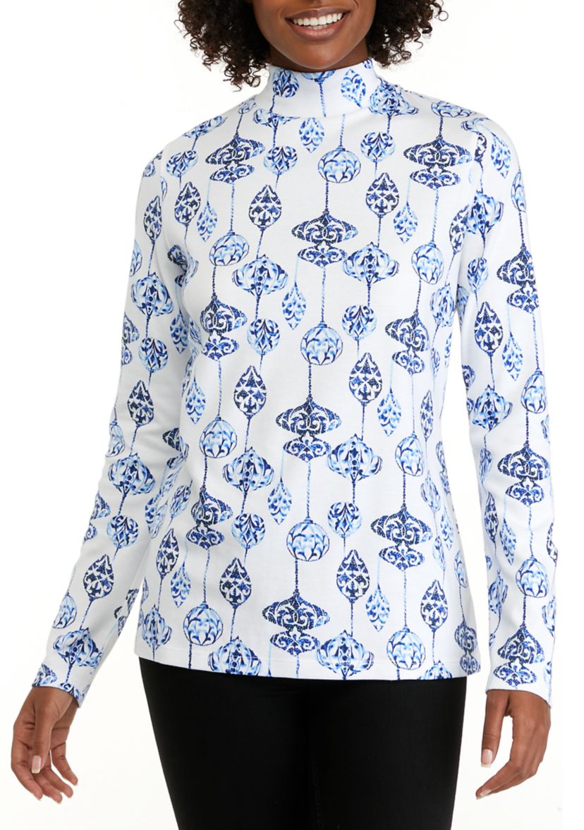Womens Long Sleeve Mock Neck Allover Print Shirt