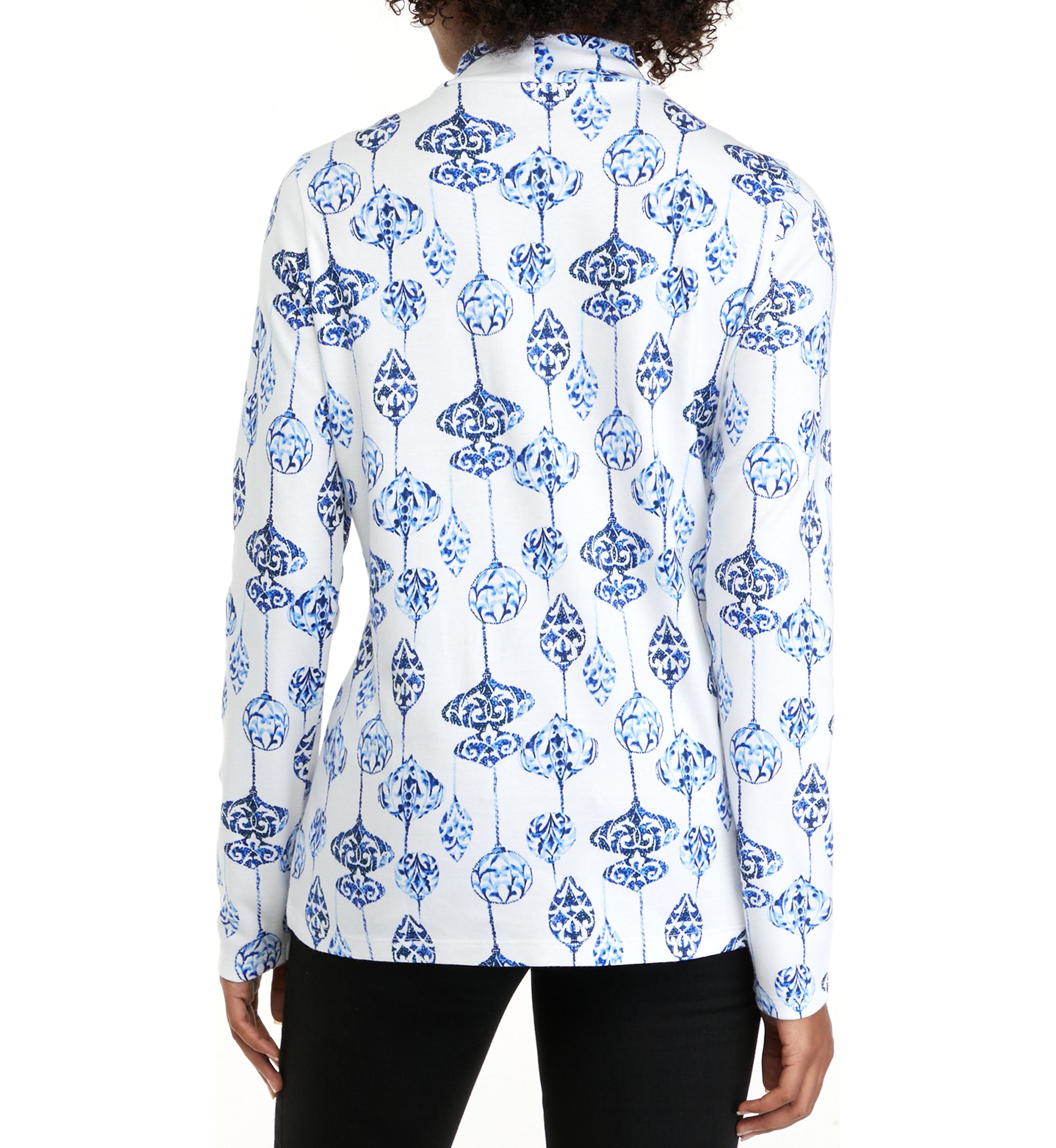 Womens Long Sleeve Mock Neck Allover Print Shirt