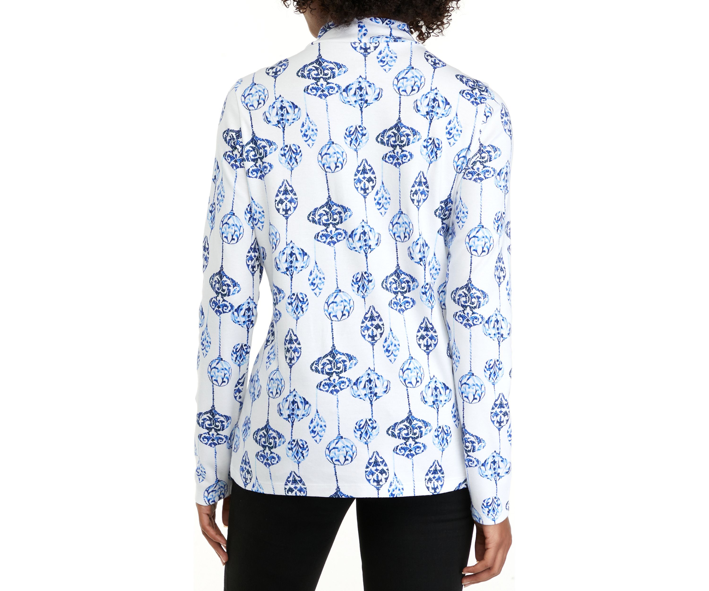 Womens Long Sleeve Mock Neck Allover Print Shirt
