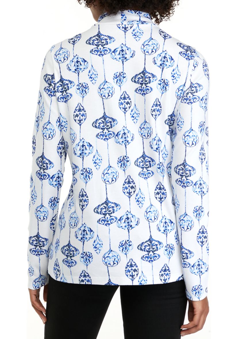 Womens Long Sleeve Mock Neck Allover Print Shirt