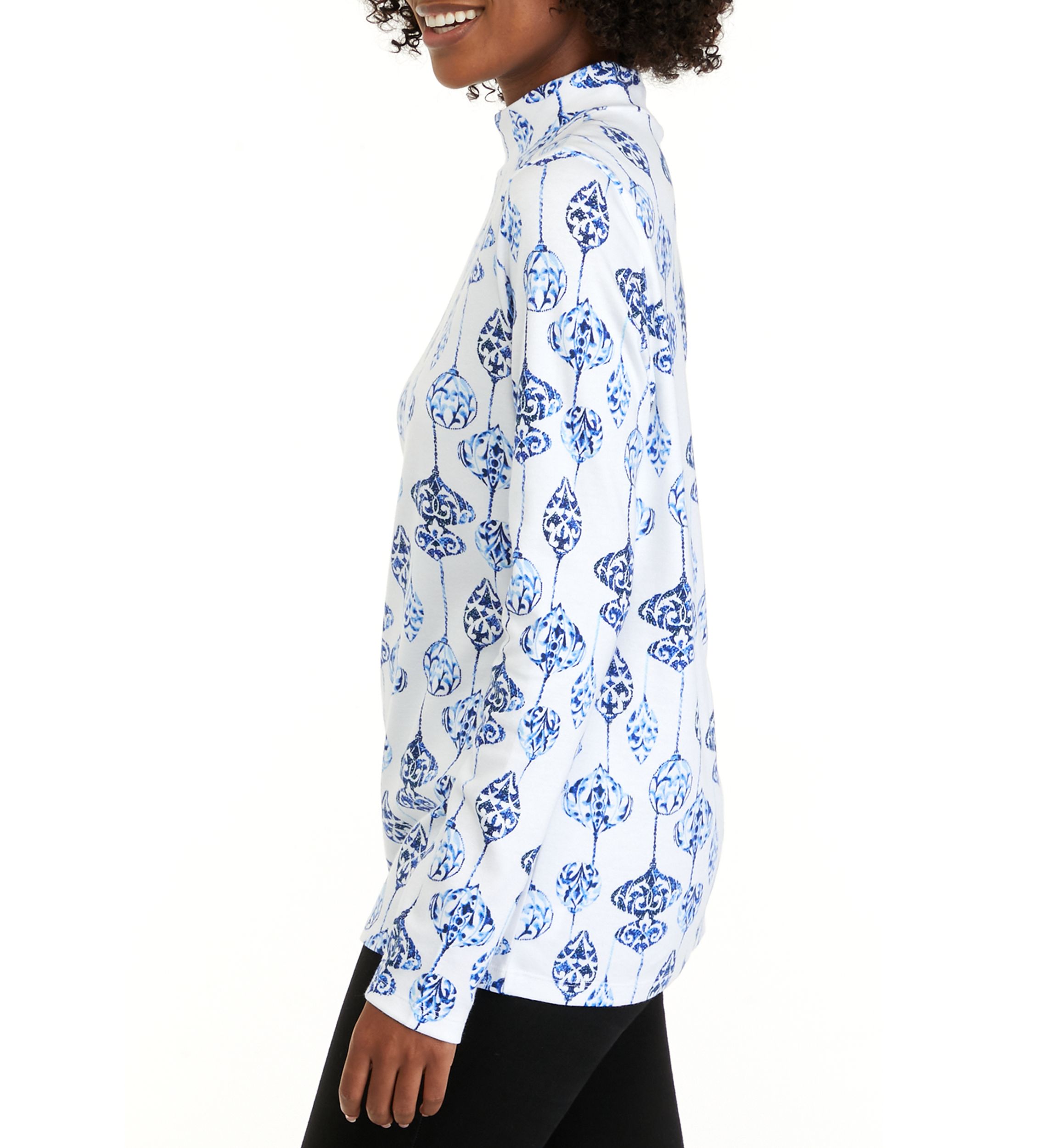 Womens Long Sleeve Mock Neck Allover Print Shirt