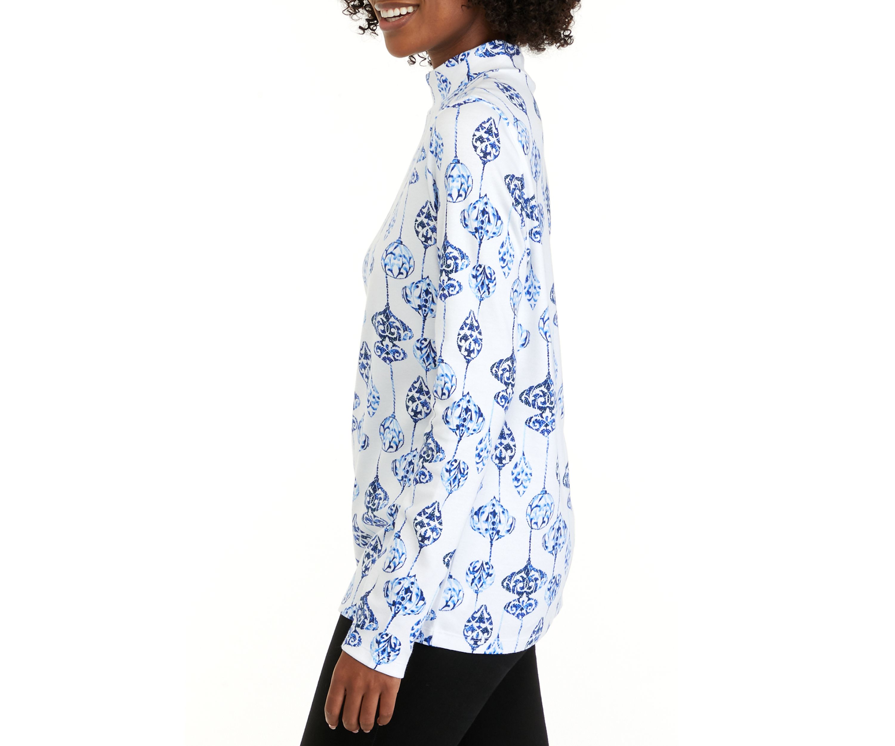 Womens Long Sleeve Mock Neck Allover Print Shirt