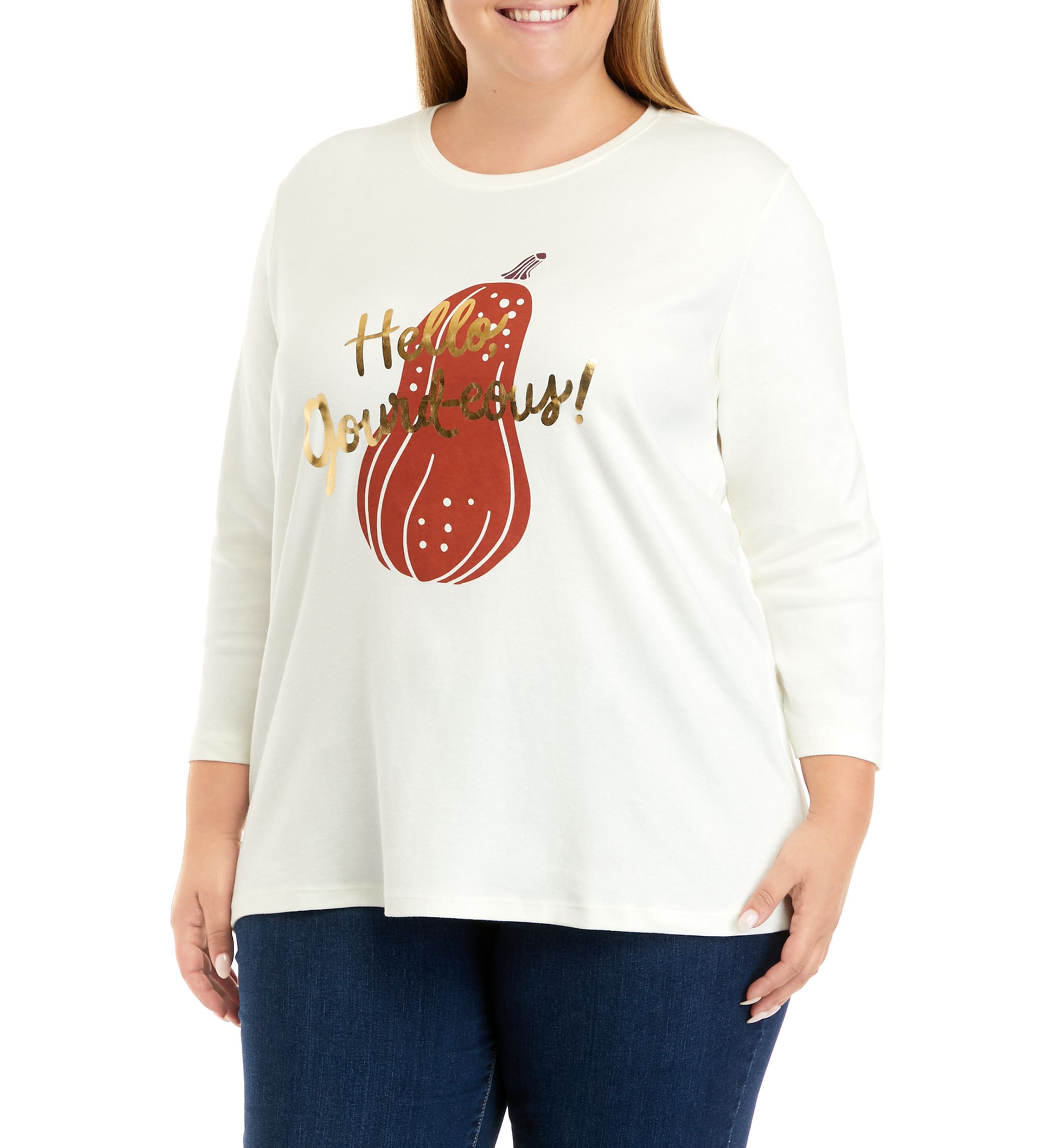 Plus Size 3/4 Sleeve Crew Neck Graphic T-Shirt 