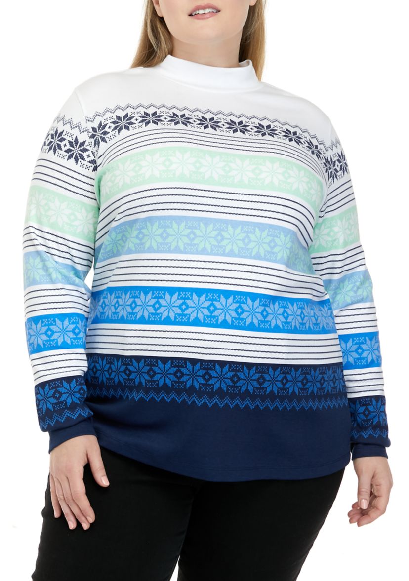 Plus Size Long Sleeve Mock Neck Placement Top
