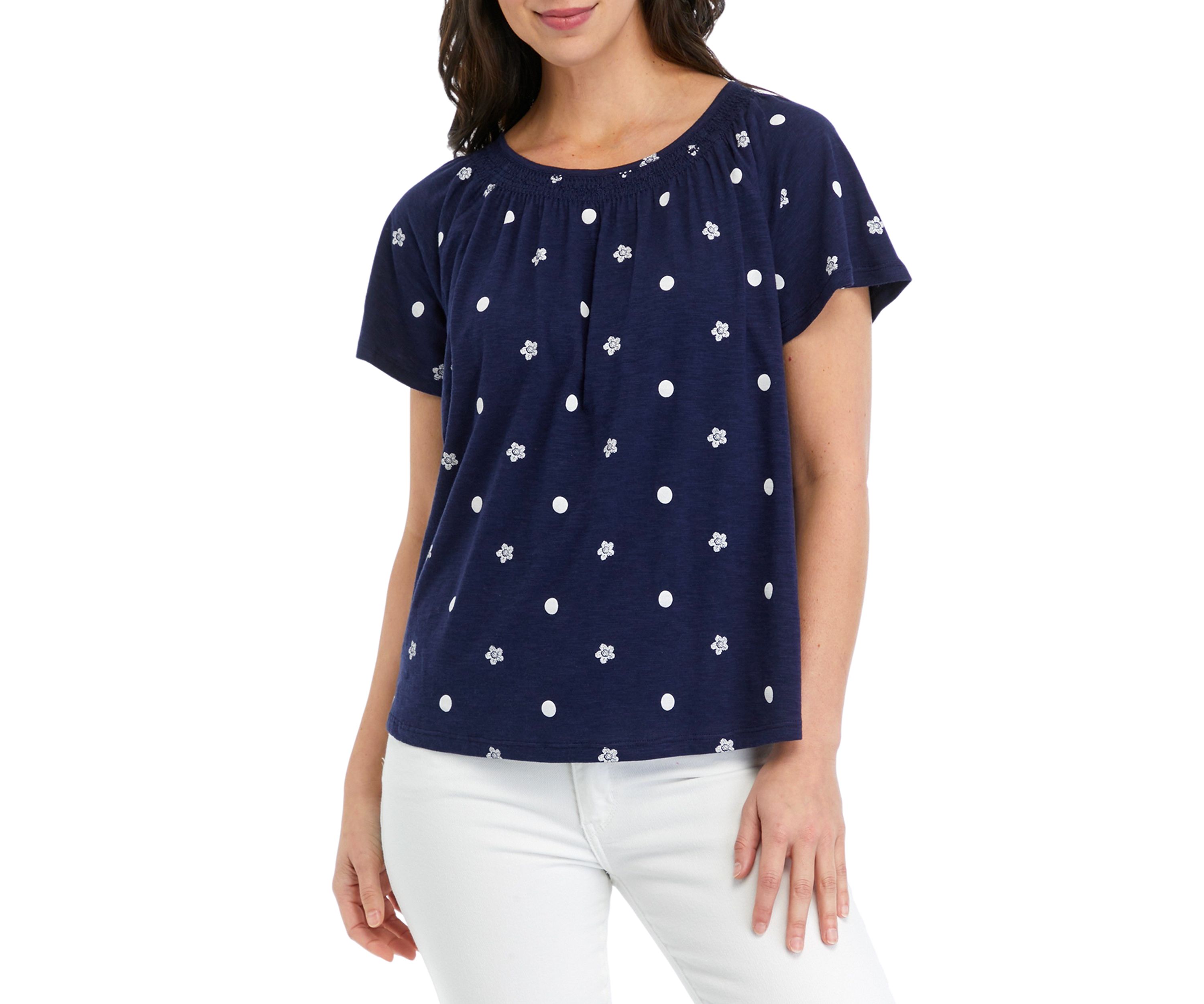Petite Short Sleeve Smock Neck Printed Top