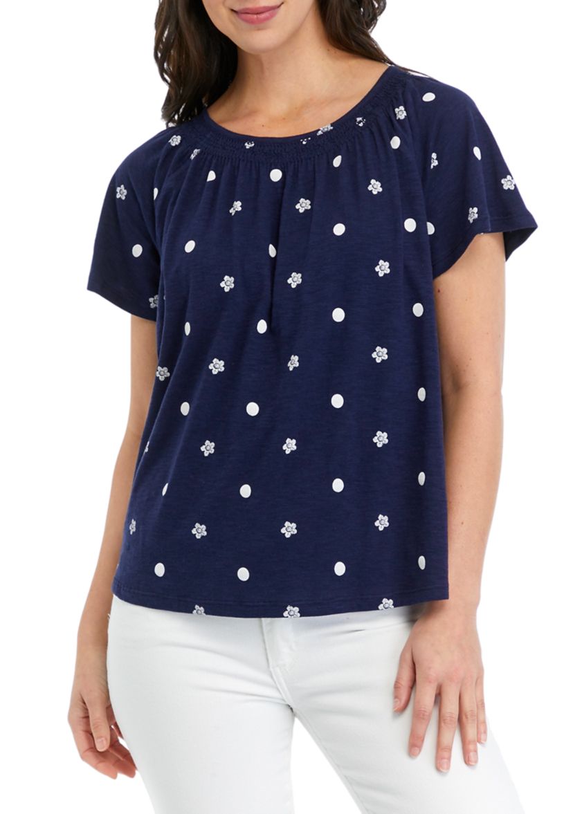 Petite Short Sleeve Smock Neck Printed Top